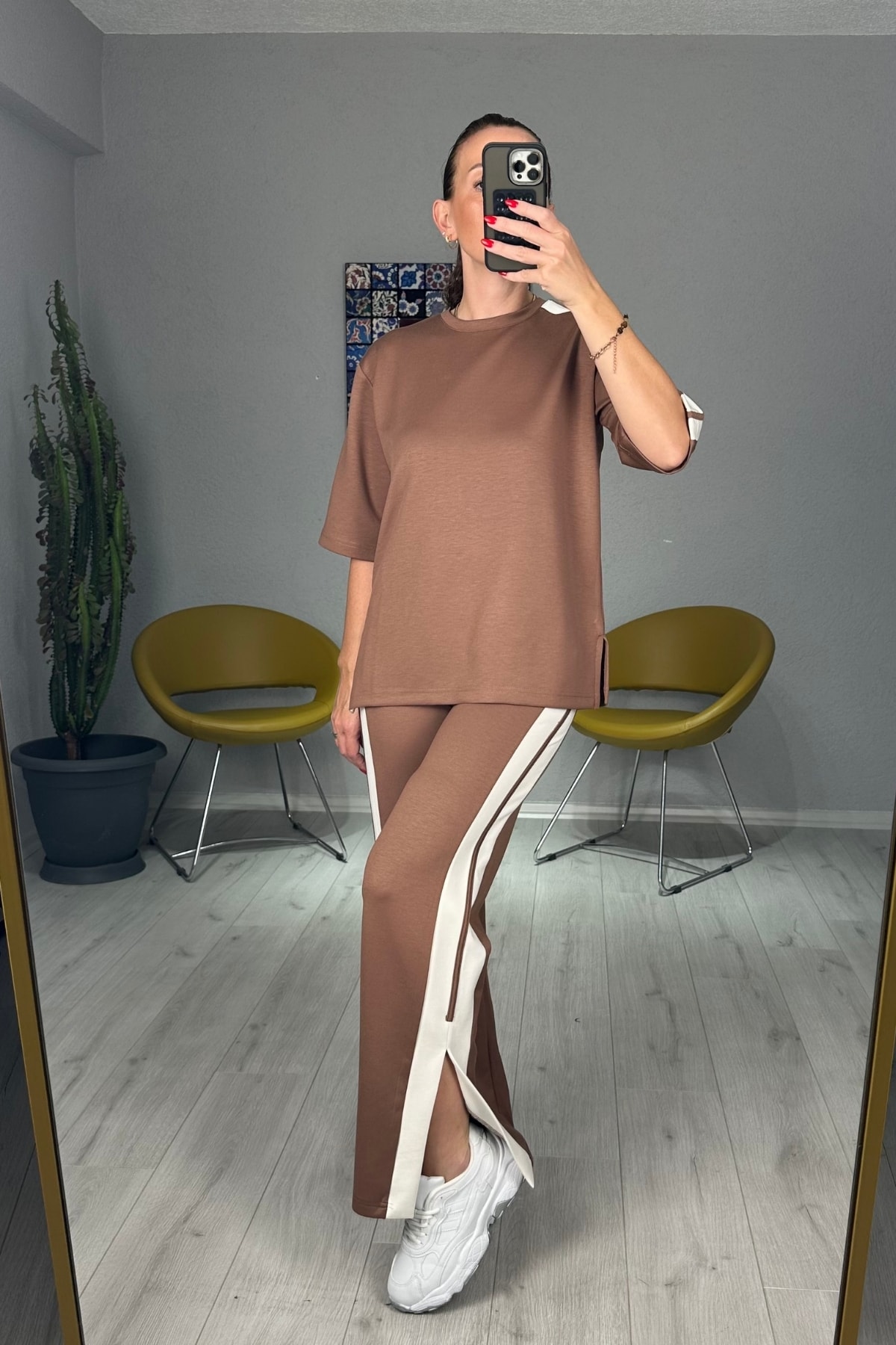 Modal Yanları Şeritli Tişört Pantolon Takım