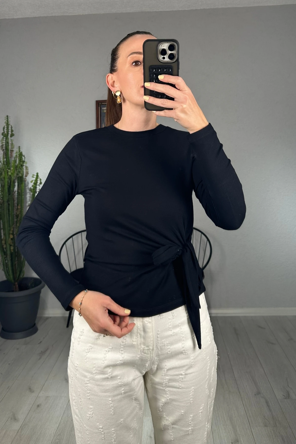 Bisiklet Yaka Belden Bağlamalı Bluz