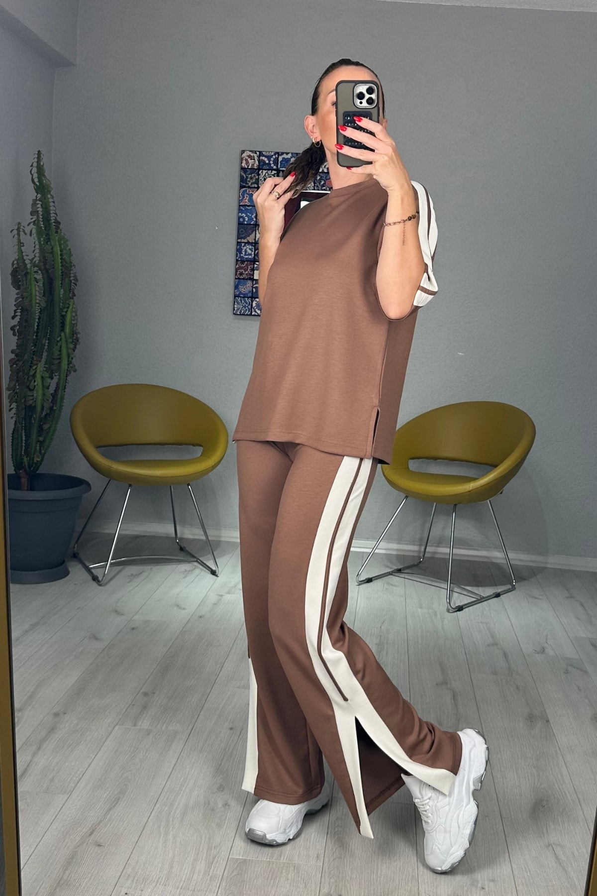 Modal Yanları Şeritli Tişört Pantolon Takım