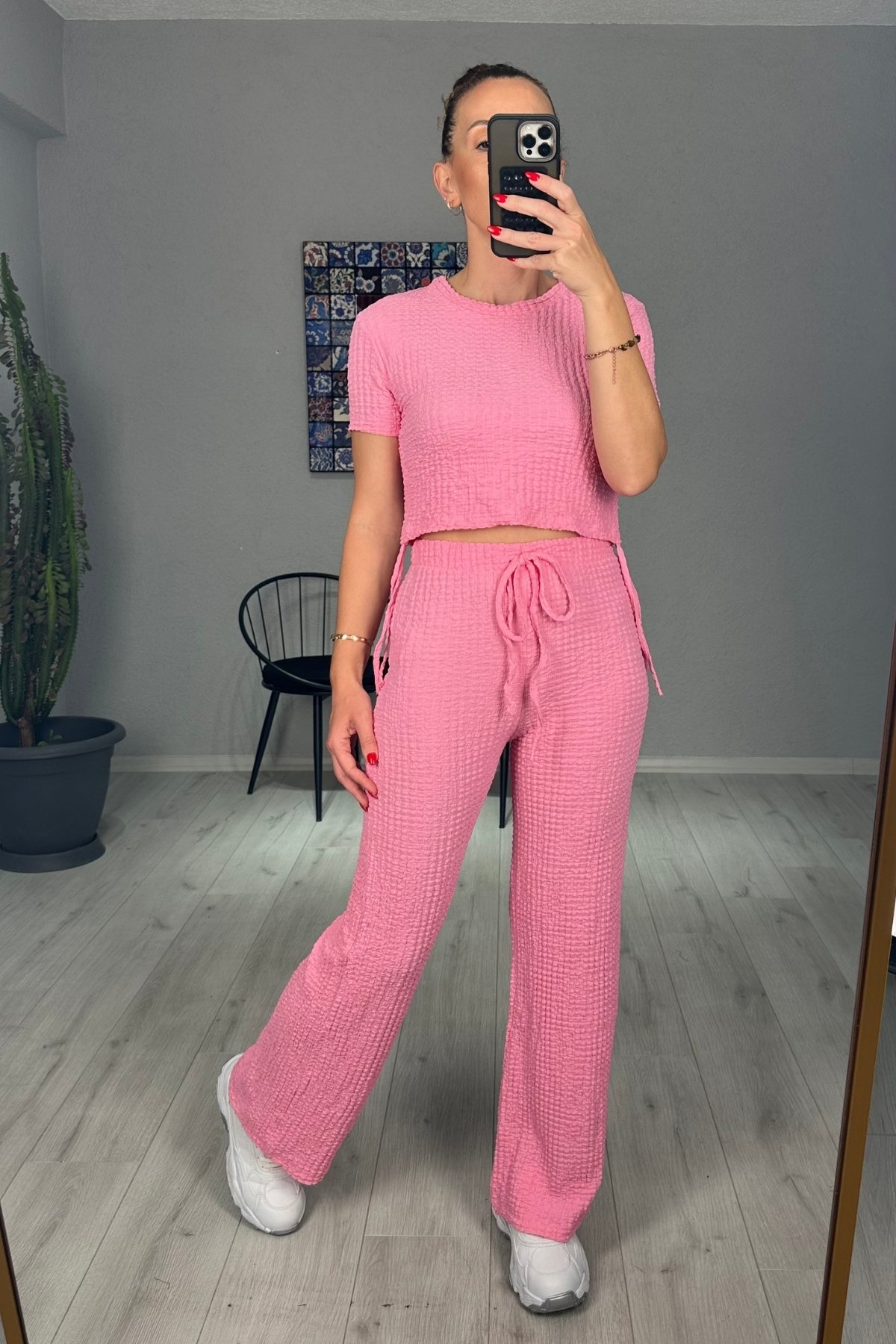Bubble Crop Pantolon Takım - pembe
