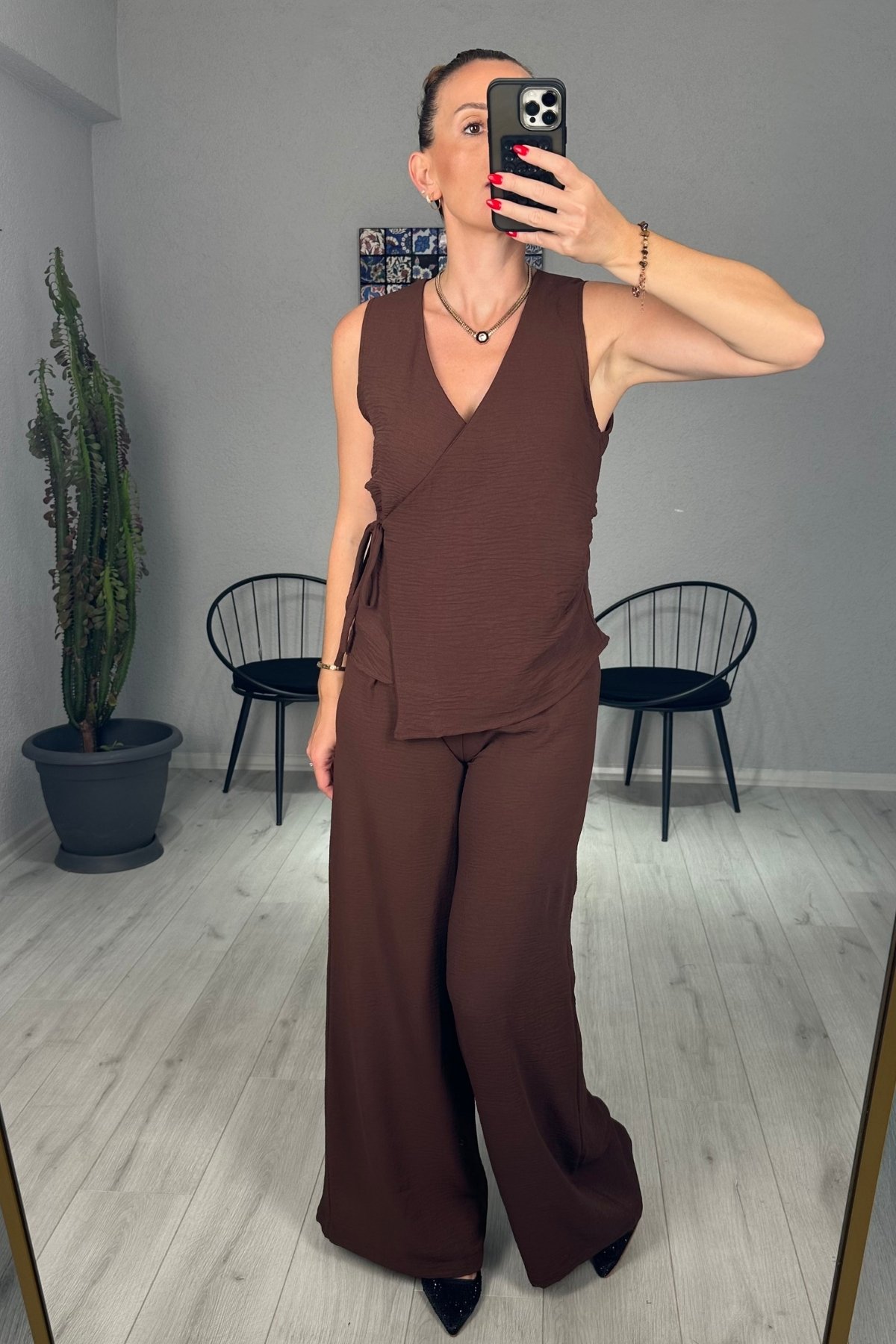 Ayrobin Kruvaze Bağlamalı Bluz Pantolon Takım  - kahverengi
