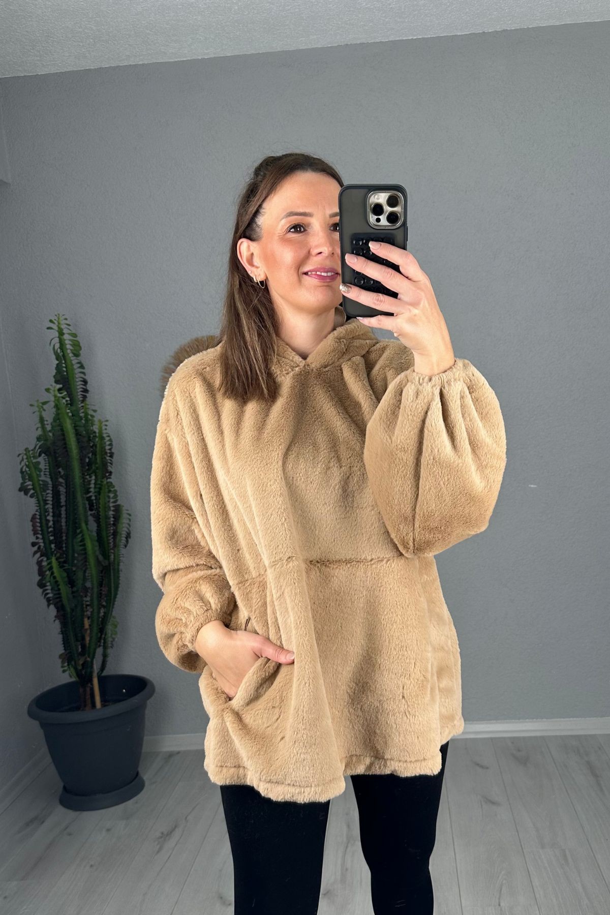 Peluş Kapüşonlu Sweat  - camel