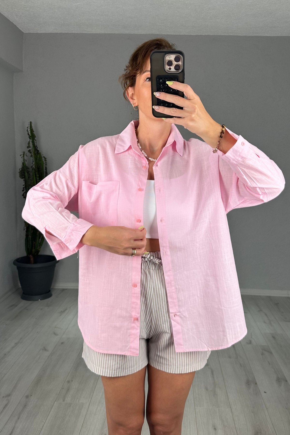 Keten Tek Cepli Oversize Gömlek  - pembe