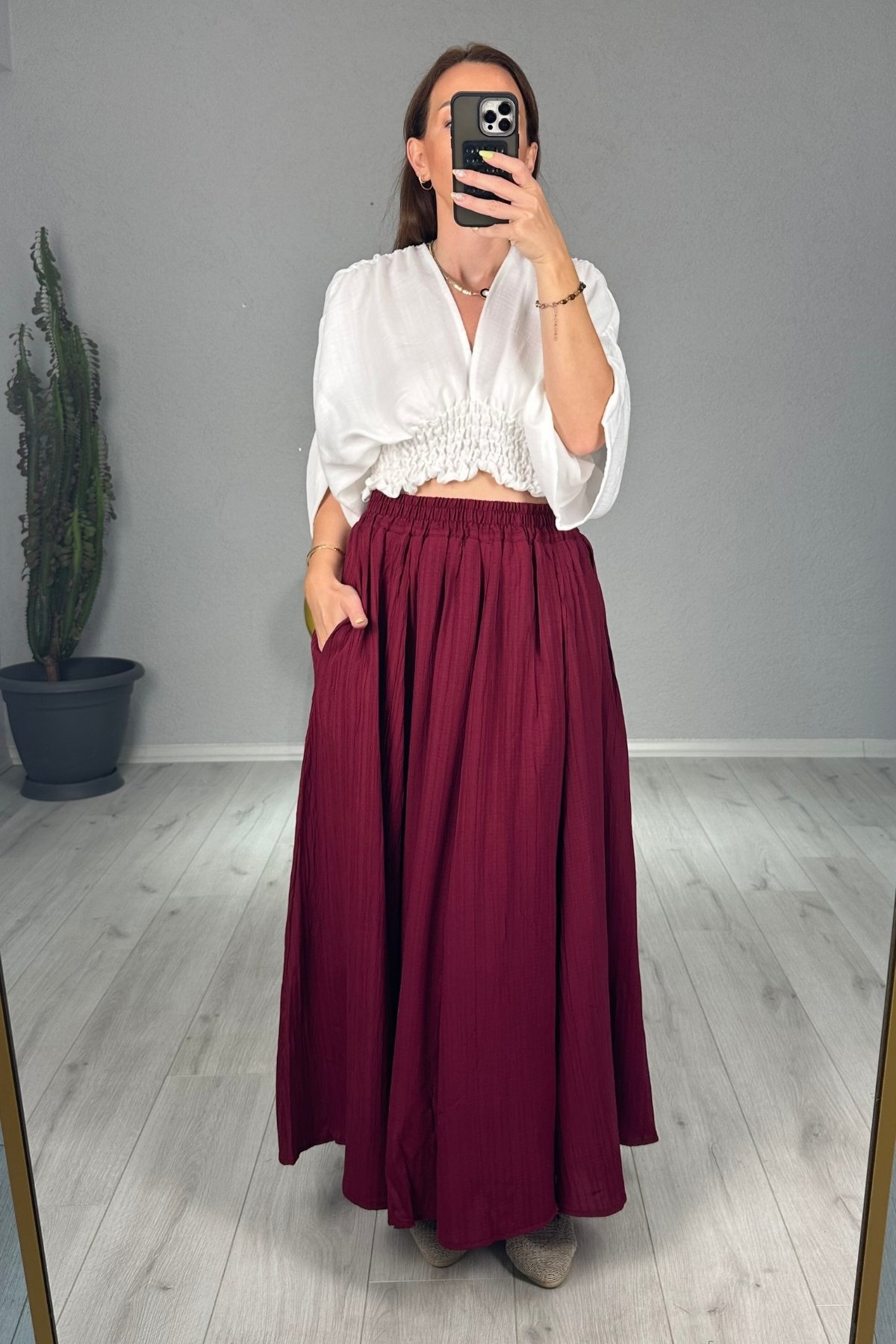 Gofre Astarlı Cepli Uzun Etek  - Bordo