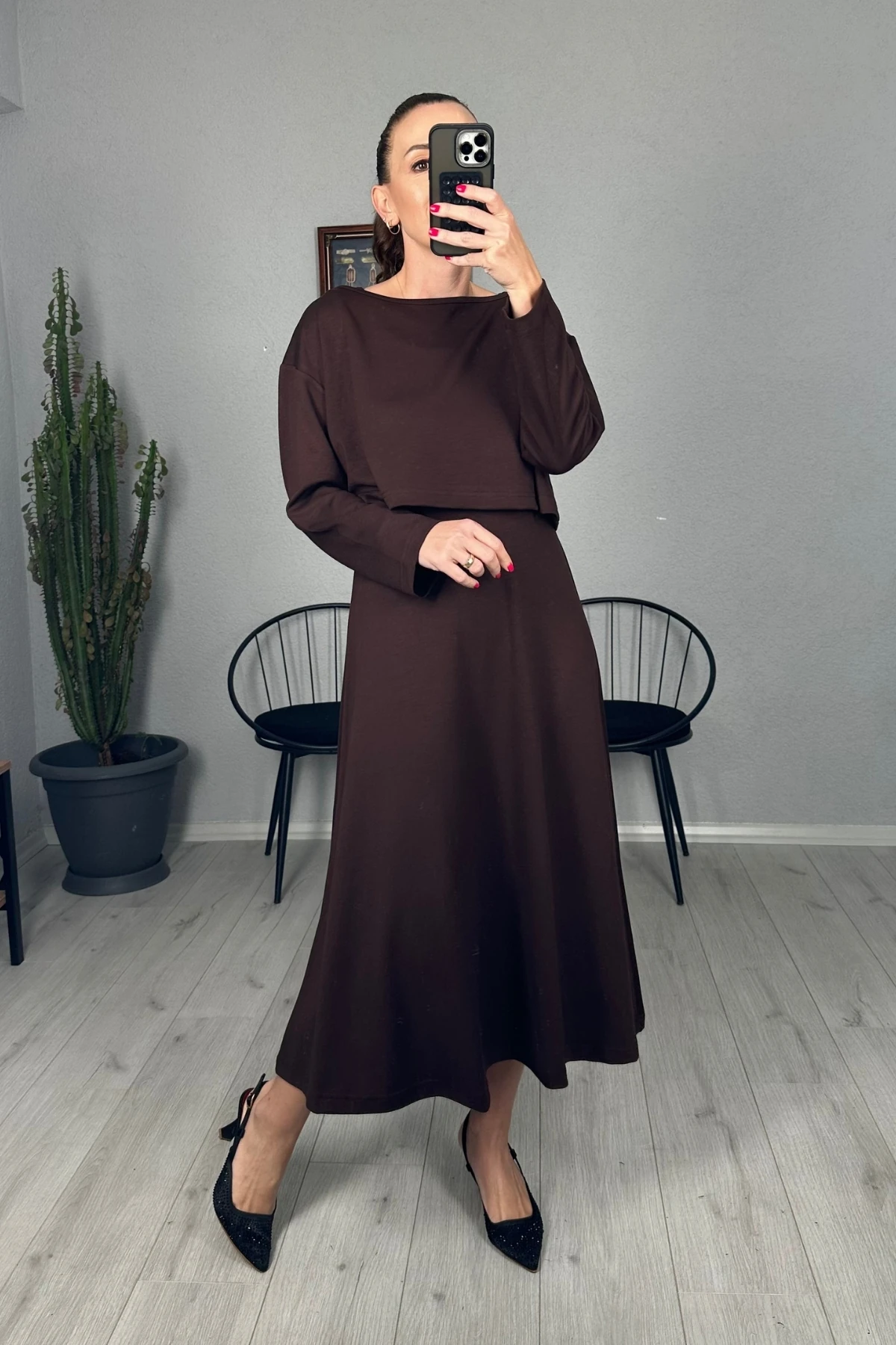 Askılı Elbise Crop Takım - kahverengi