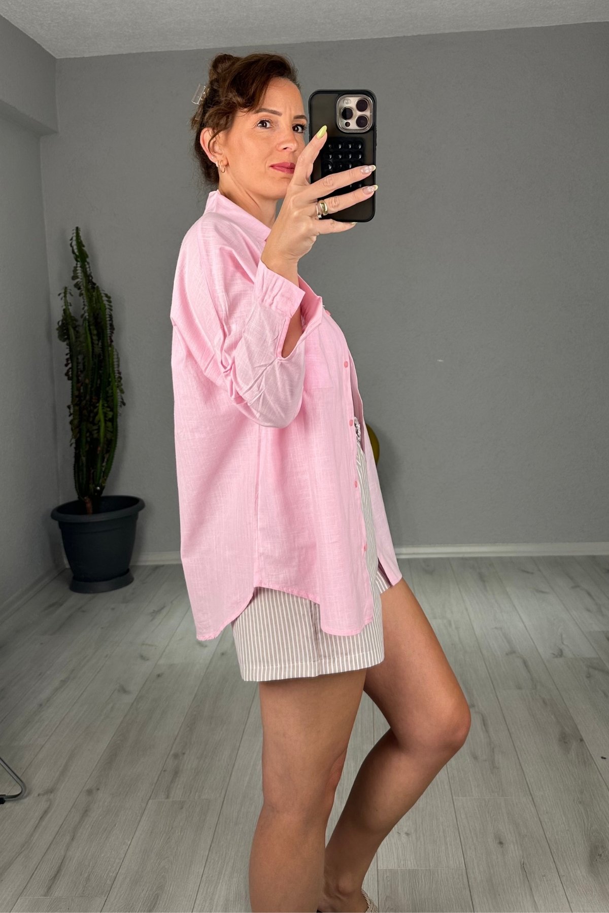 Keten Tek Cepli Oversize Gömlek 