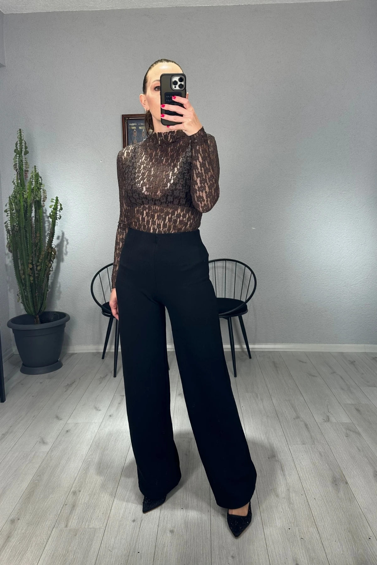 Transparan Uzun Kollu Tül Bluz