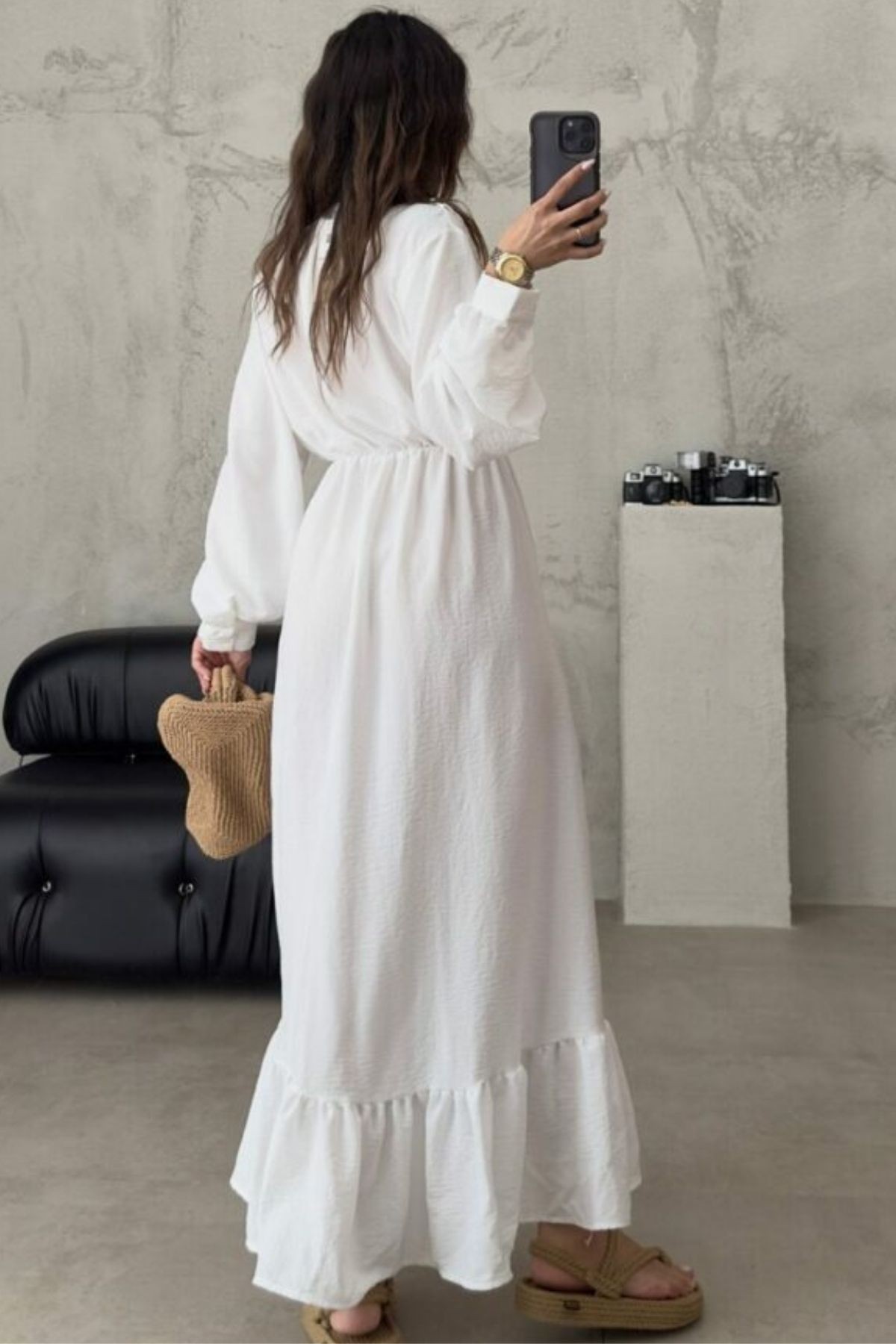 Ayrobin Fırfırlı Kruvaze Yaka Uzun Elbise - Beyaz
