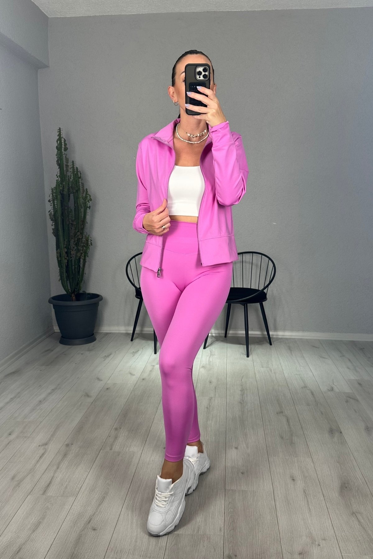 Oysh Fermuarlı Sweat Tayt Takım  - fuşya