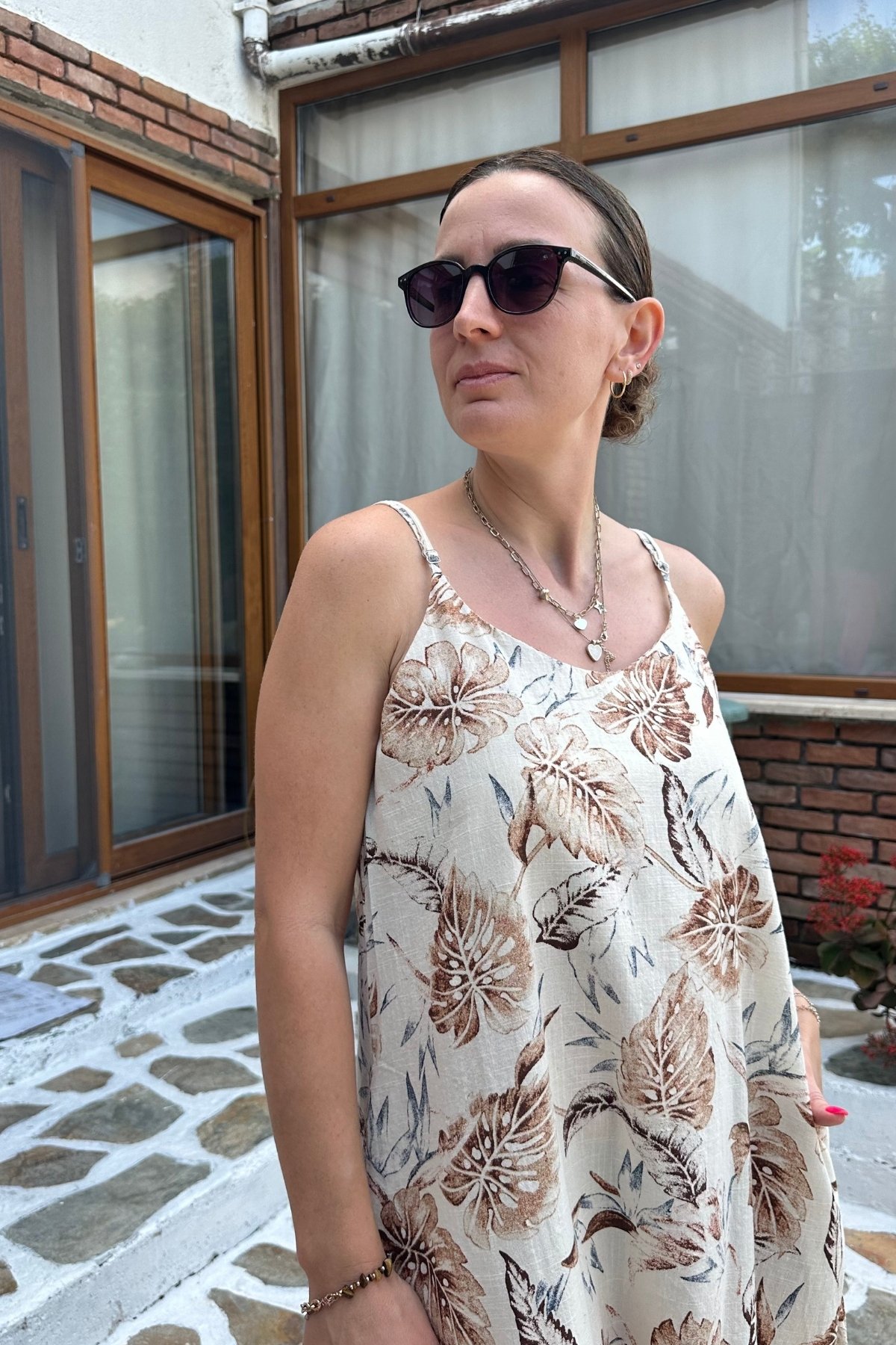 Desenli Yırtmaçlı Cepli Uzun Keten Elbise 
