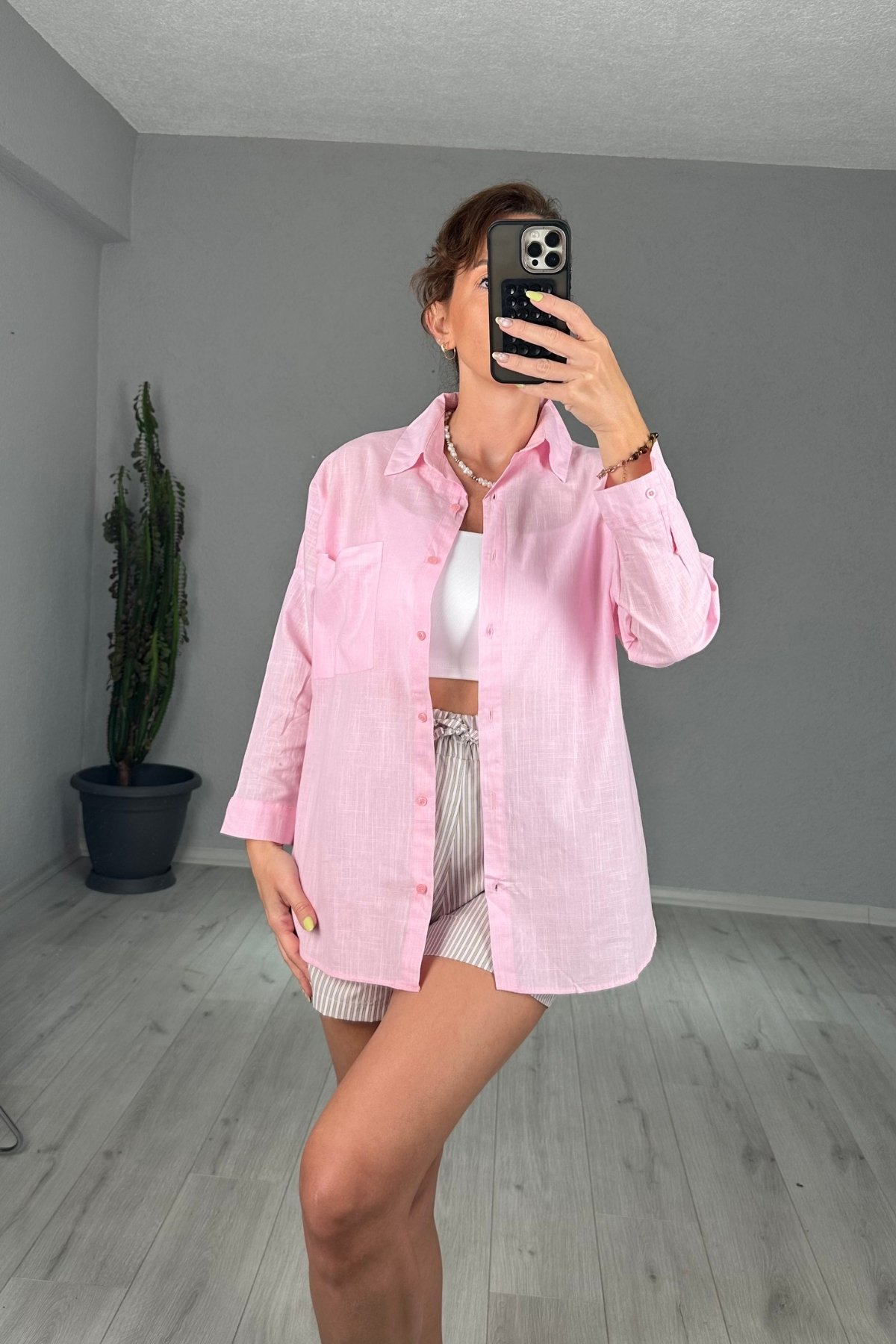 Keten Tek Cepli Oversize Gömlek 
