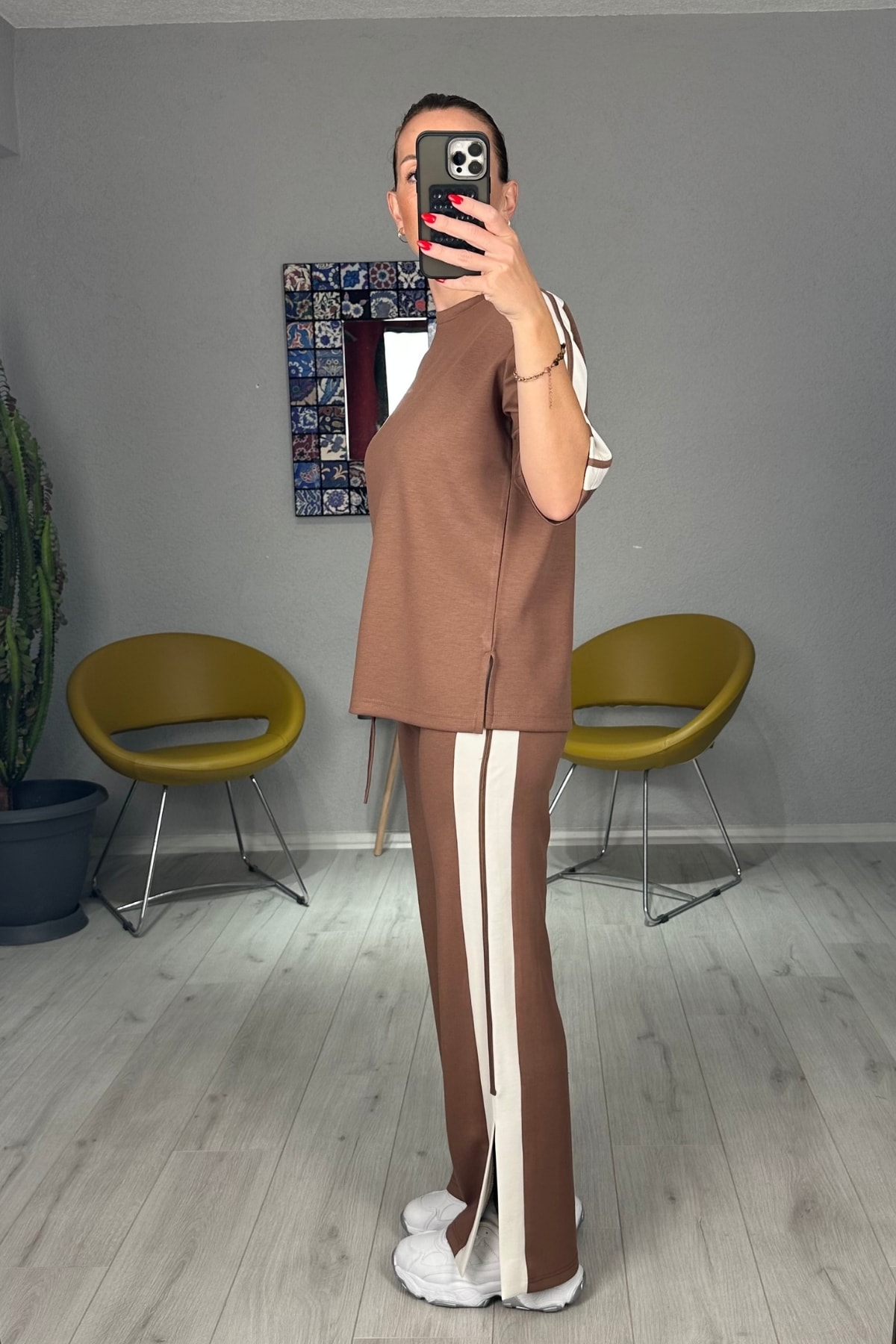 Modal Yanları Şeritli Tişört Pantolon Takım