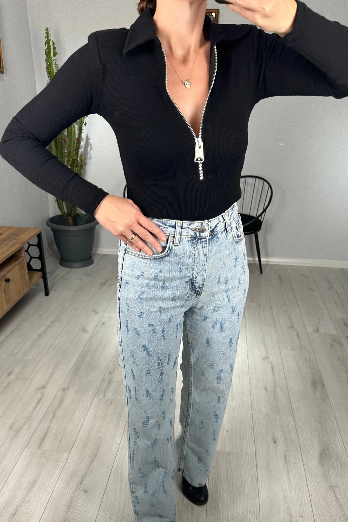 Polo Yaka Fermuarlı Vatkalı Bluz 