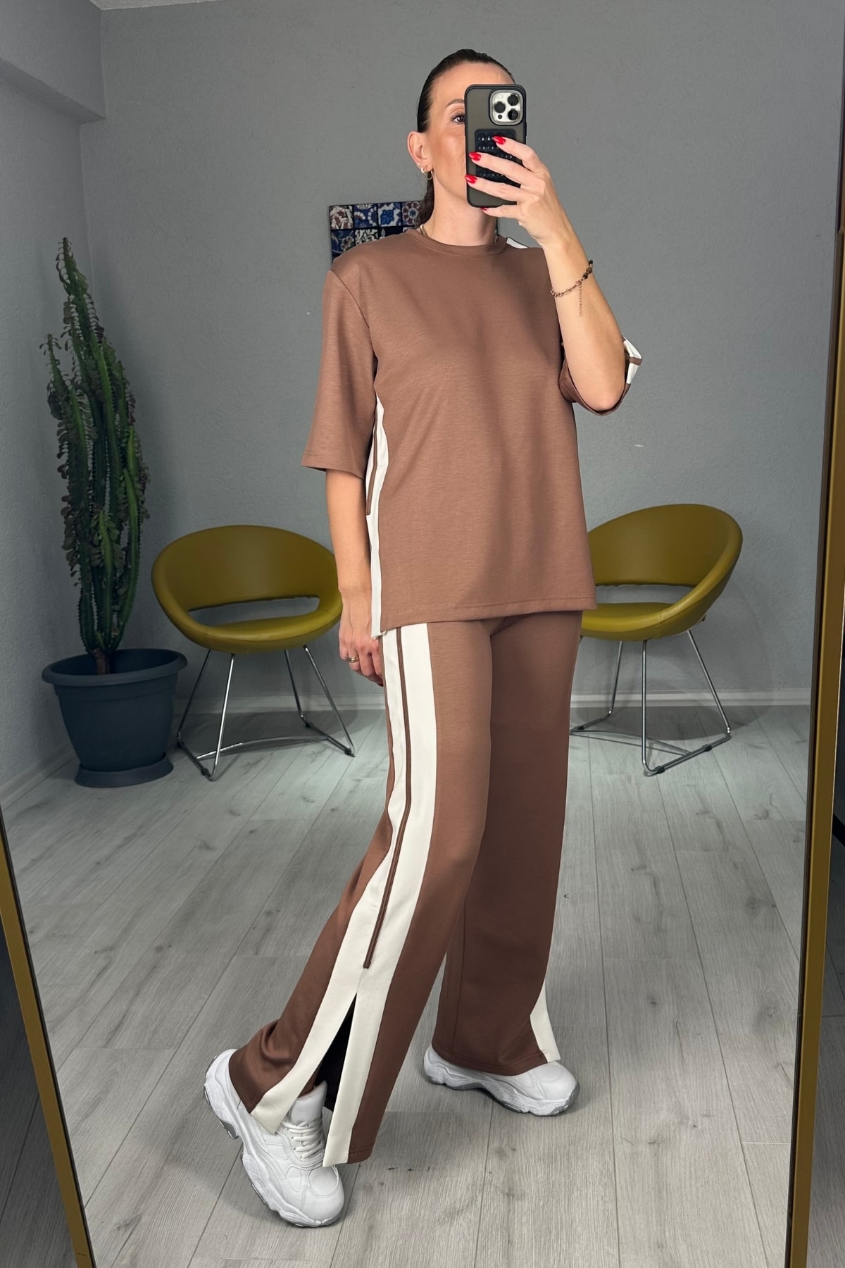 Modal Yanları Şeritli Tişört Pantolon Takım