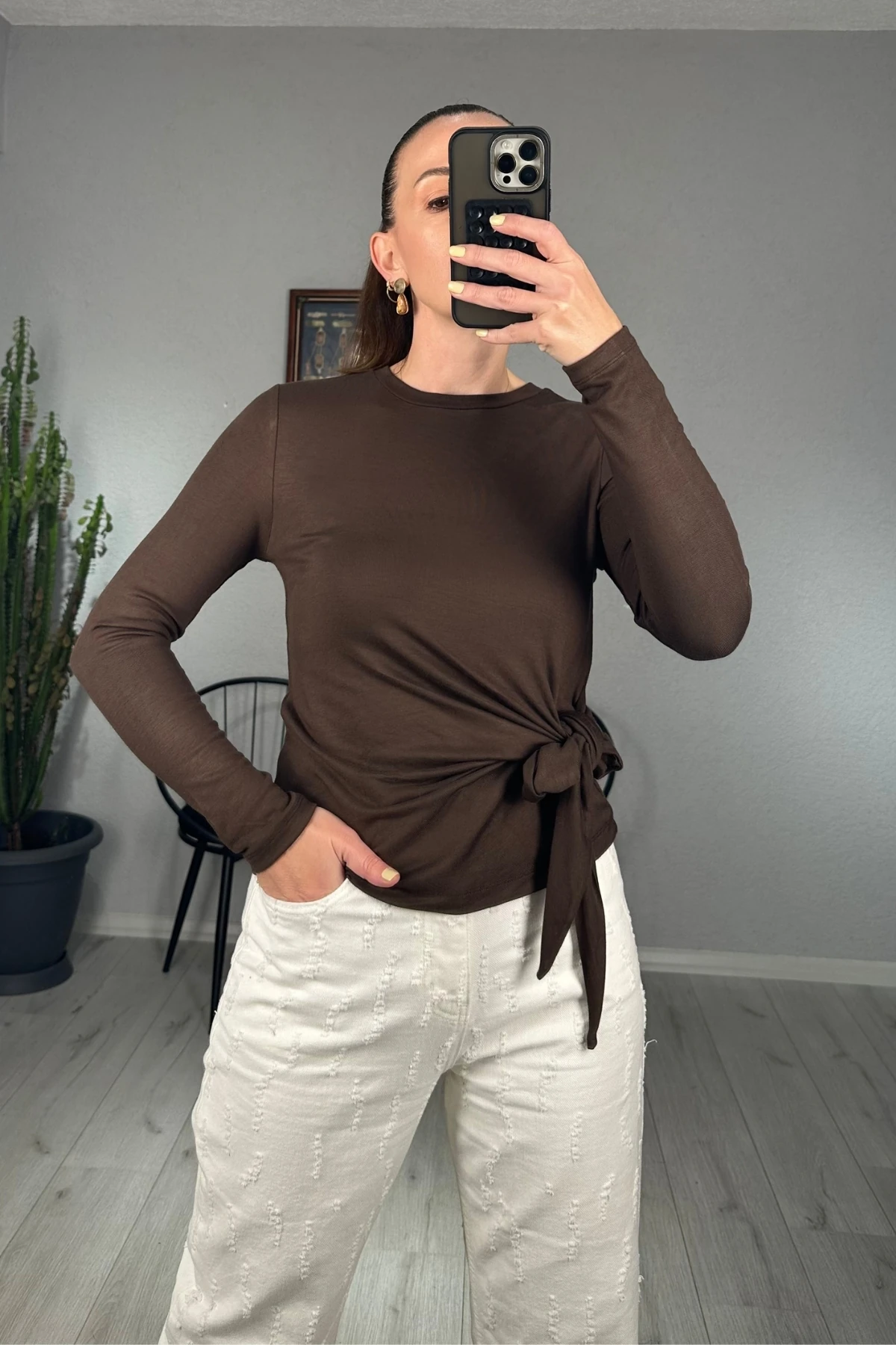 Bisiklet Yaka Belden Bağlamalı Bluz - kahverengi