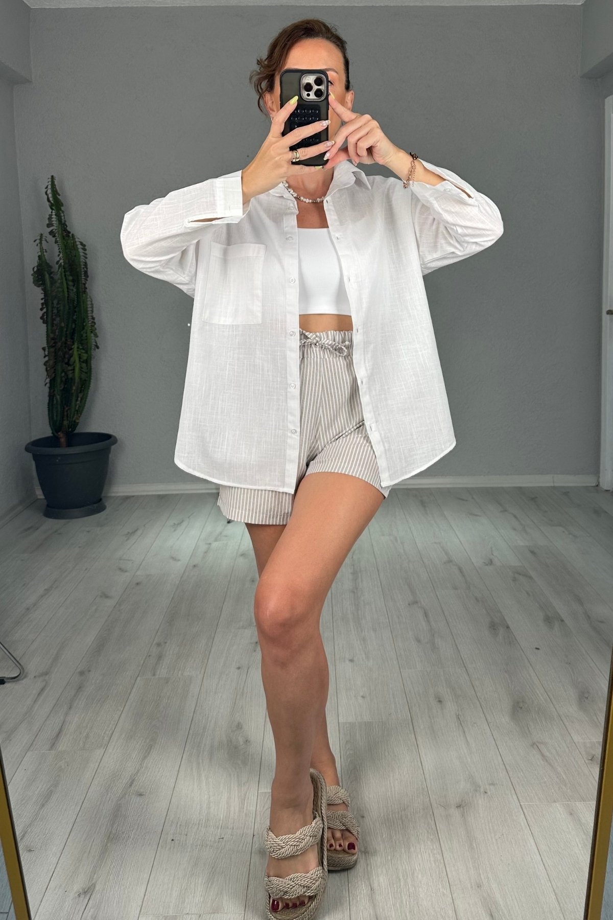 Keten Tek Cepli Oversize Gömlek