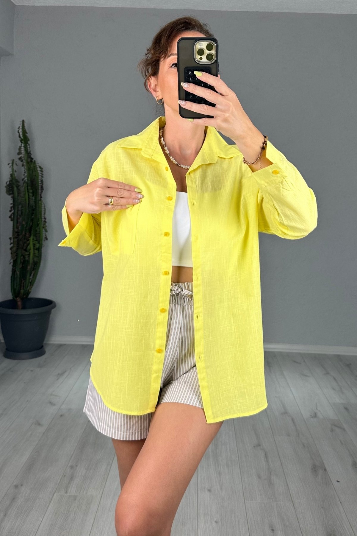 Keten Tek Cepli Oversize Gömlek  - sarı