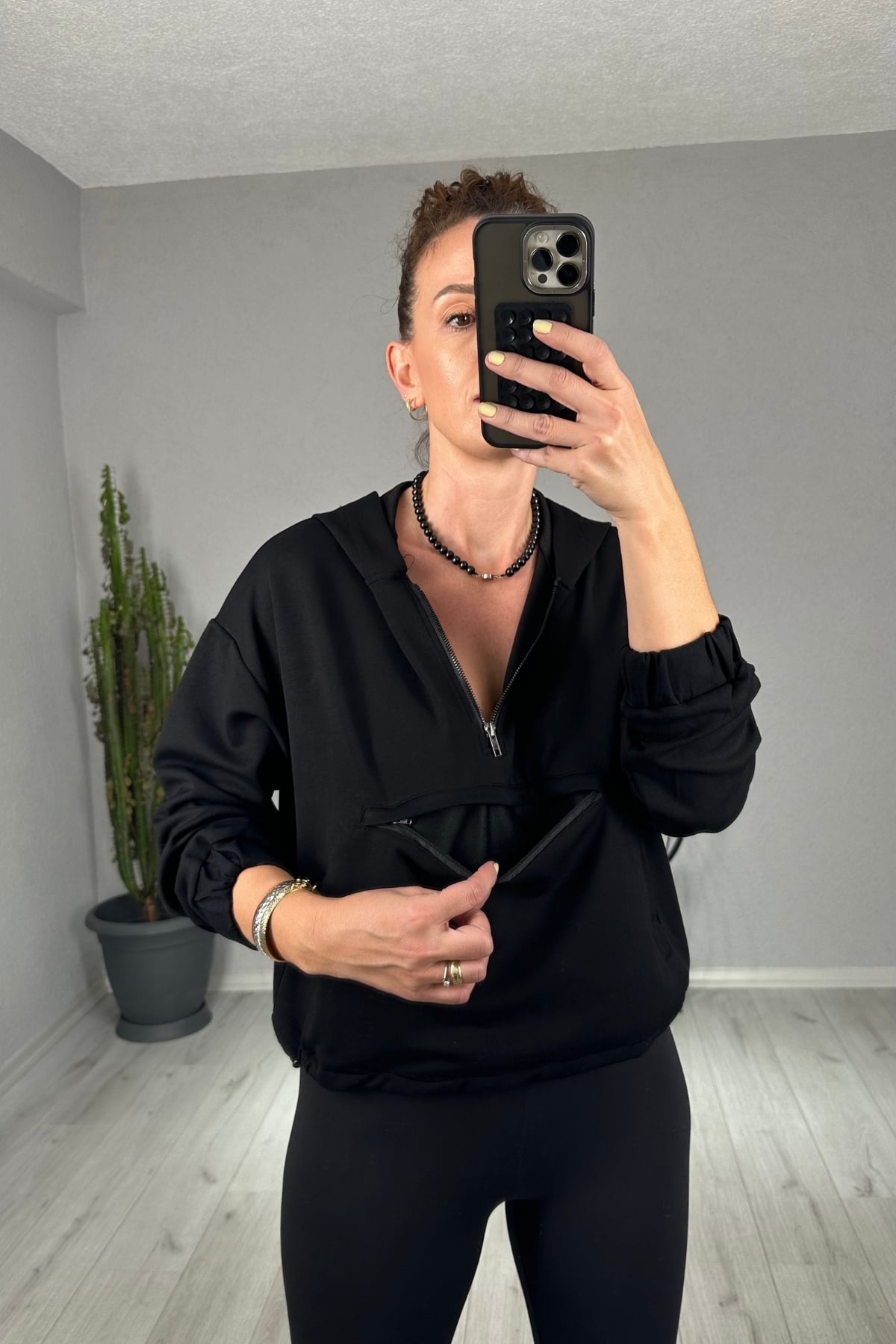 Modal Kanguru Cepli Sweatshirt - Siyah