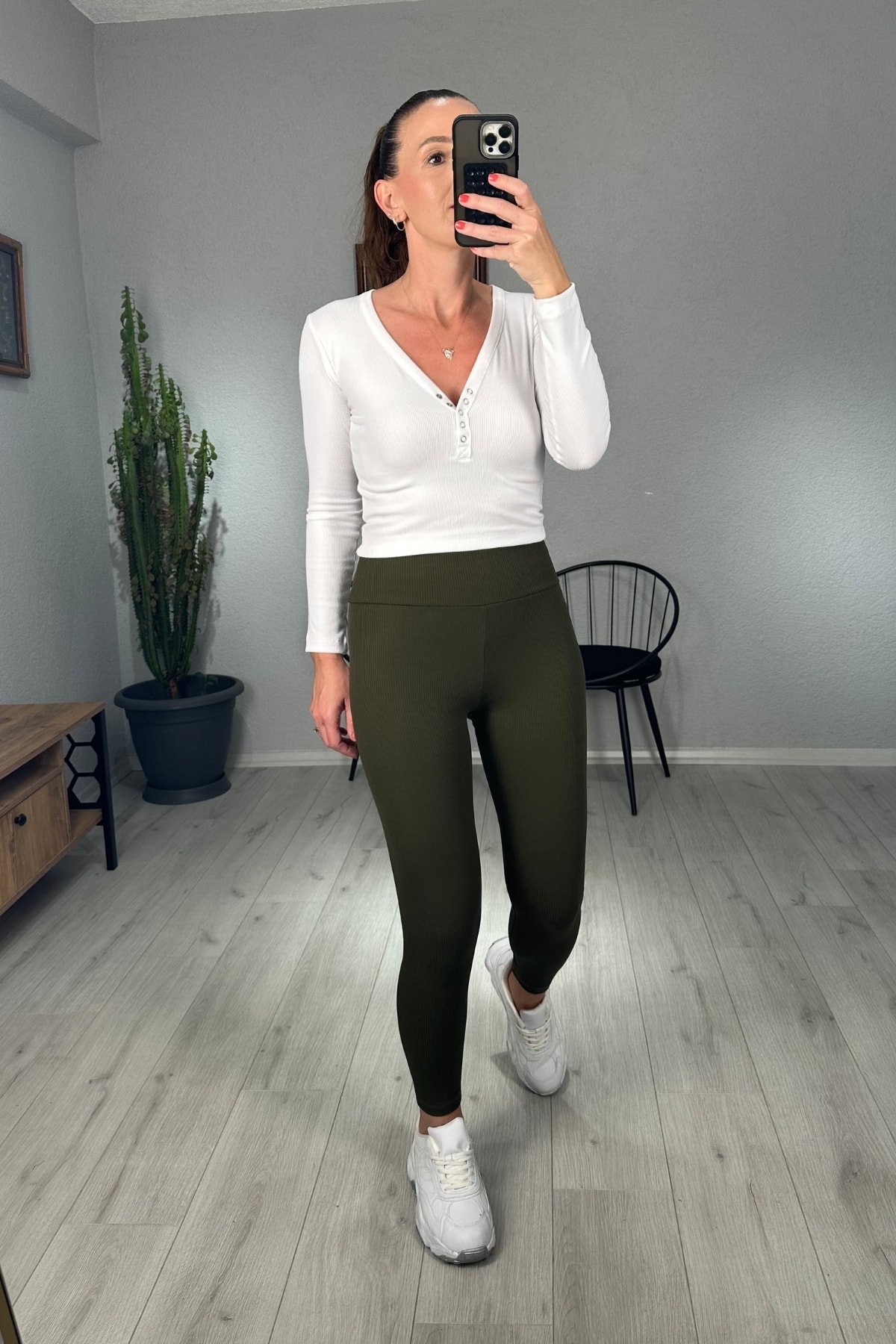 İçi Şardonlu Fitilli Tayt  - Haki