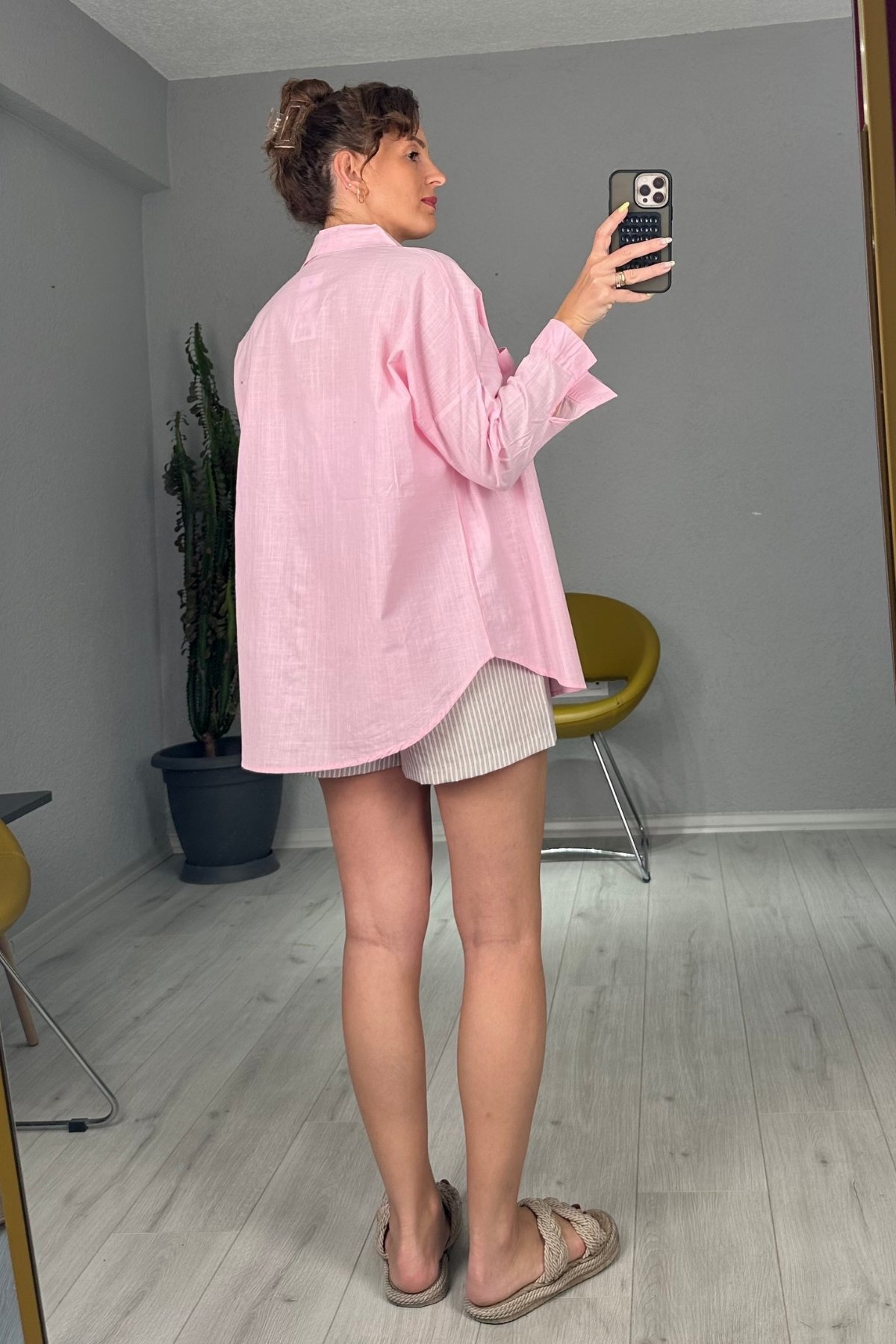 Keten Tek Cepli Oversize Gömlek 