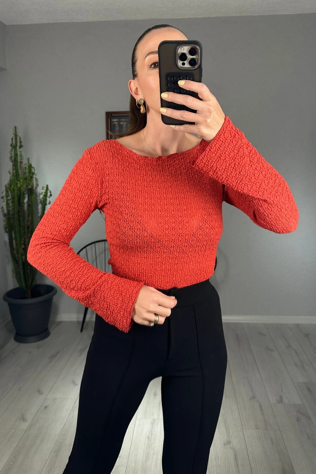 İspanyol Kol Bisiklet Yaka Transparan Bluz - nar çiçeği