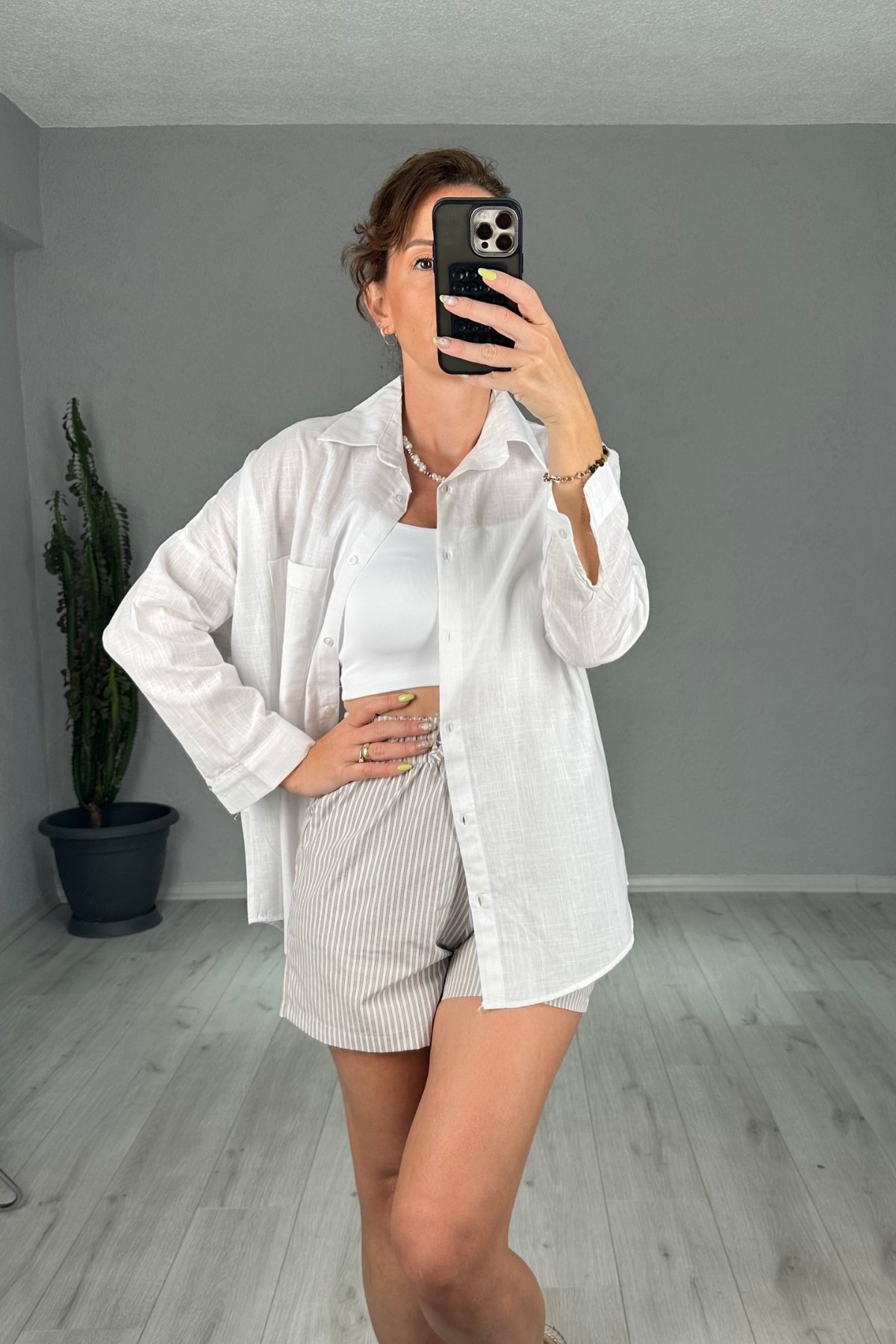 Keten Tek Cepli Oversize Gömlek