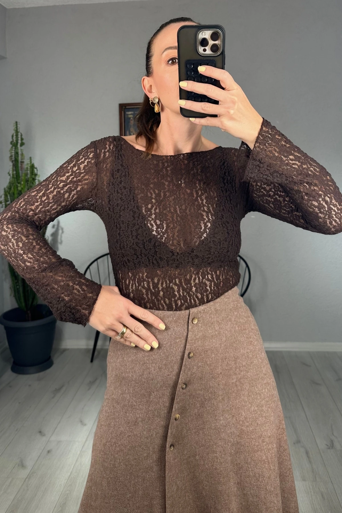 İspanyol Kol Bisiklet Yaka Transparan Bluz - kahverengi