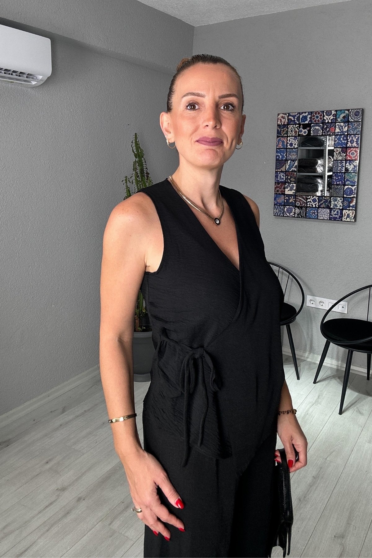 Ayrobin Kruvaze Bağlamalı Bluz Pantolon Takım 