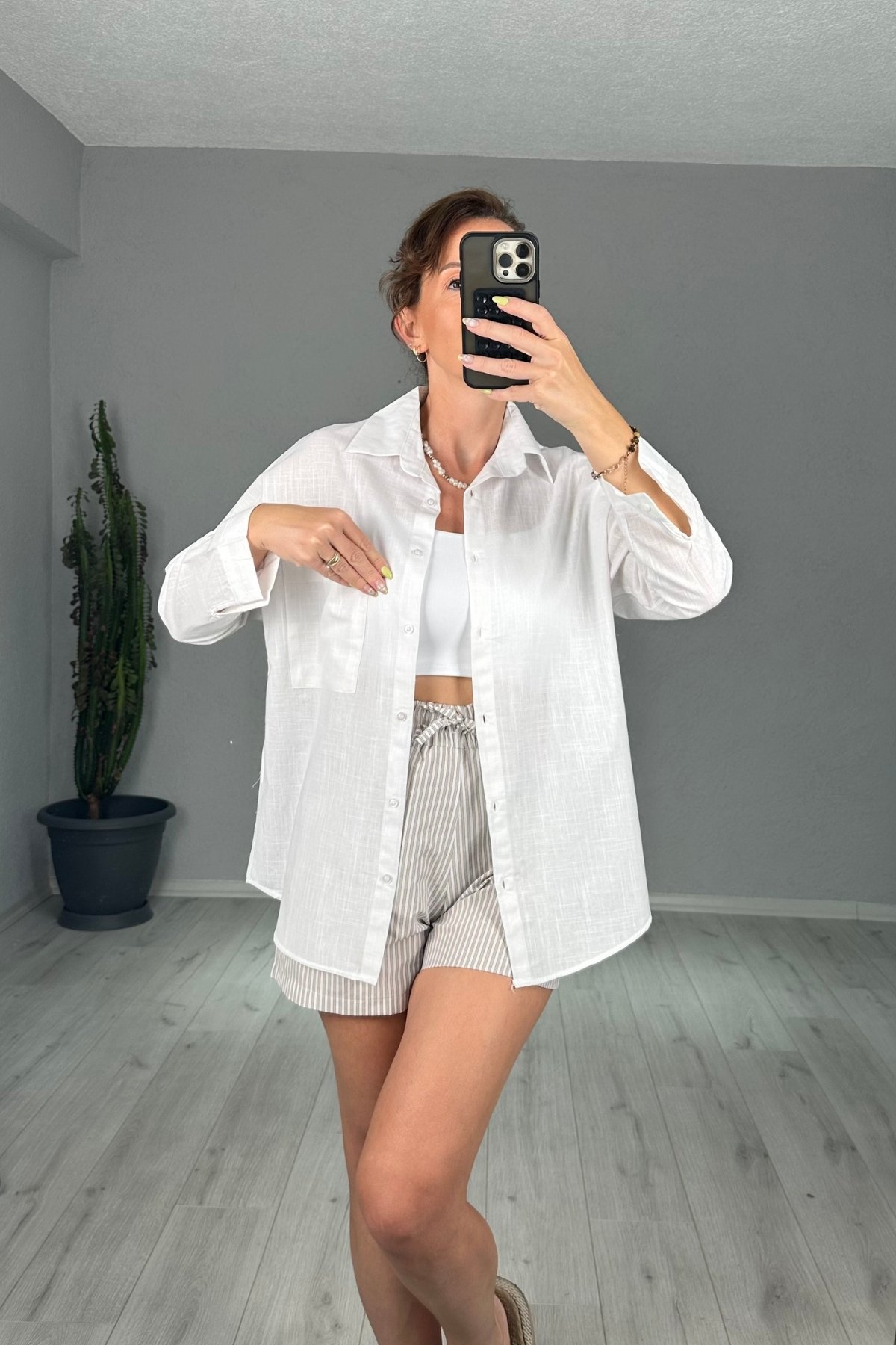 Keten Tek Cepli Oversize Gömlek