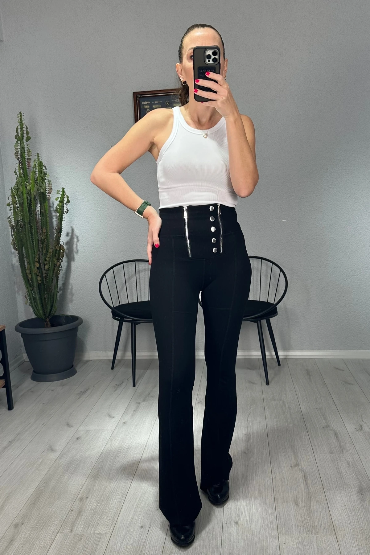 İspanyol Paça Çift Fermuarlı Tayt