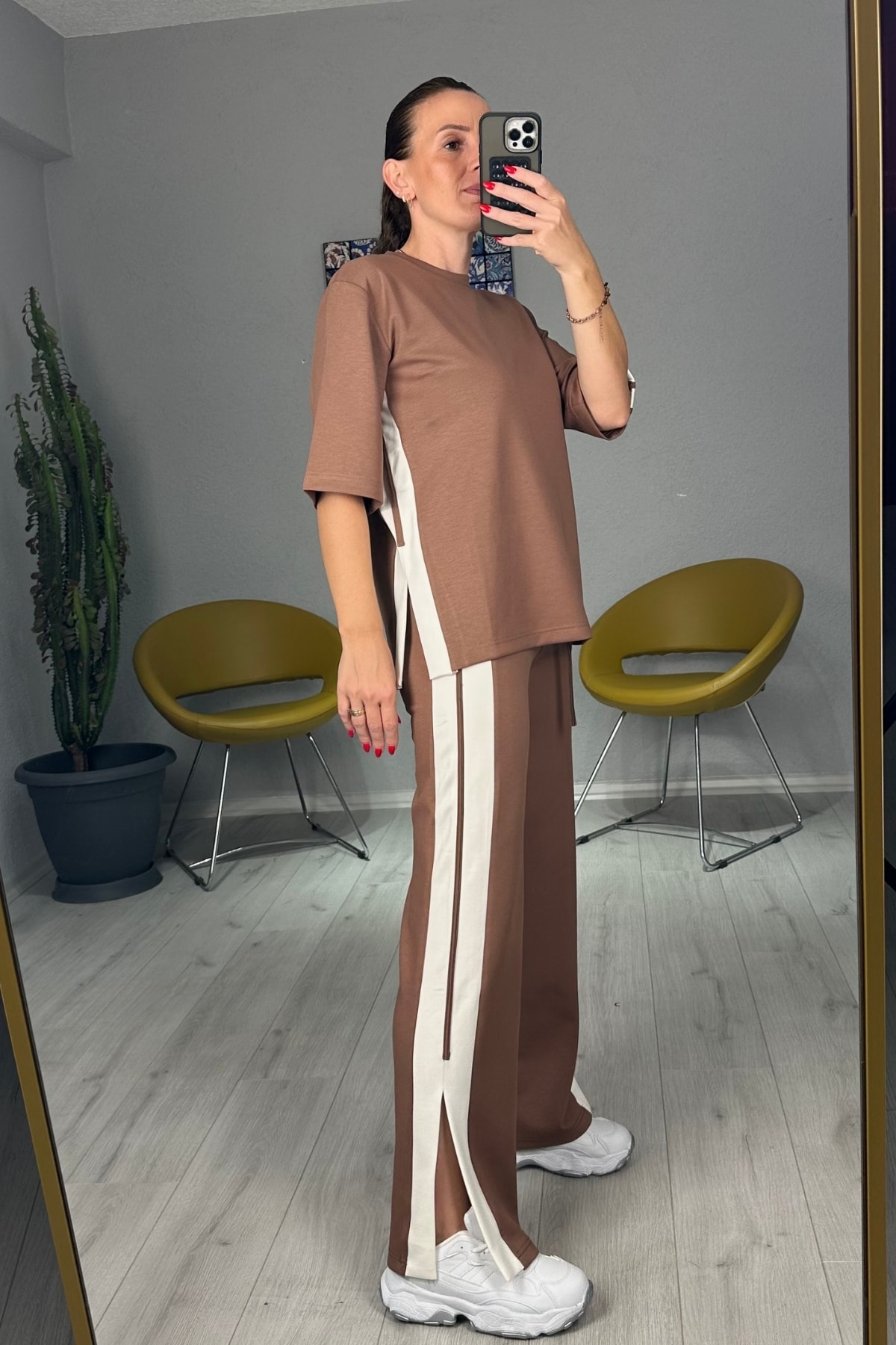 Modal Yanları Şeritli Tişört Pantolon Takım