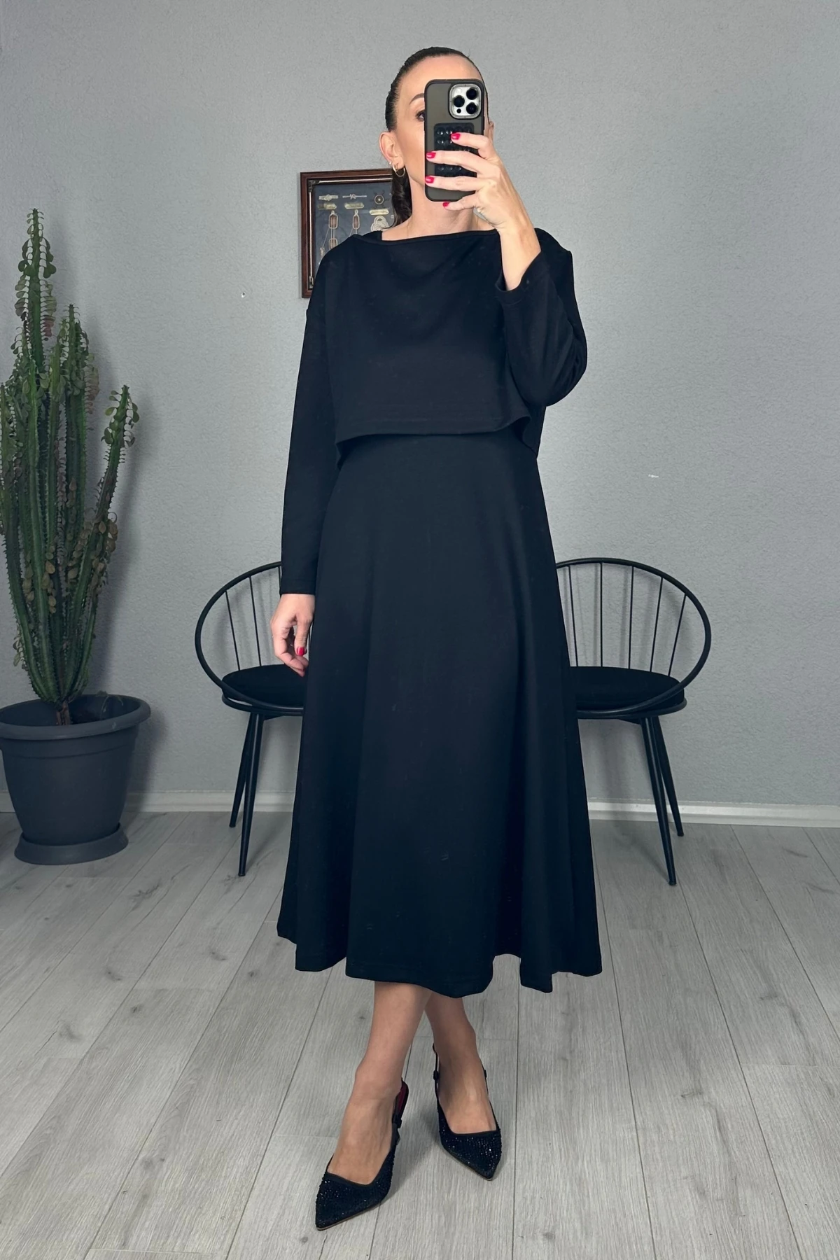 Askılı Elbise Crop Takım - Siyah