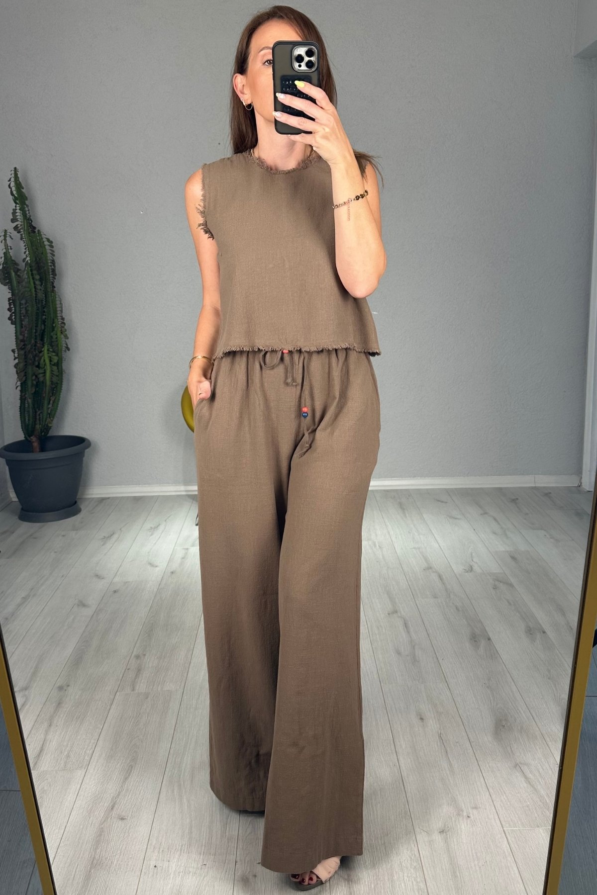 Keten Pantolon Bluz Takım  - kahverengi