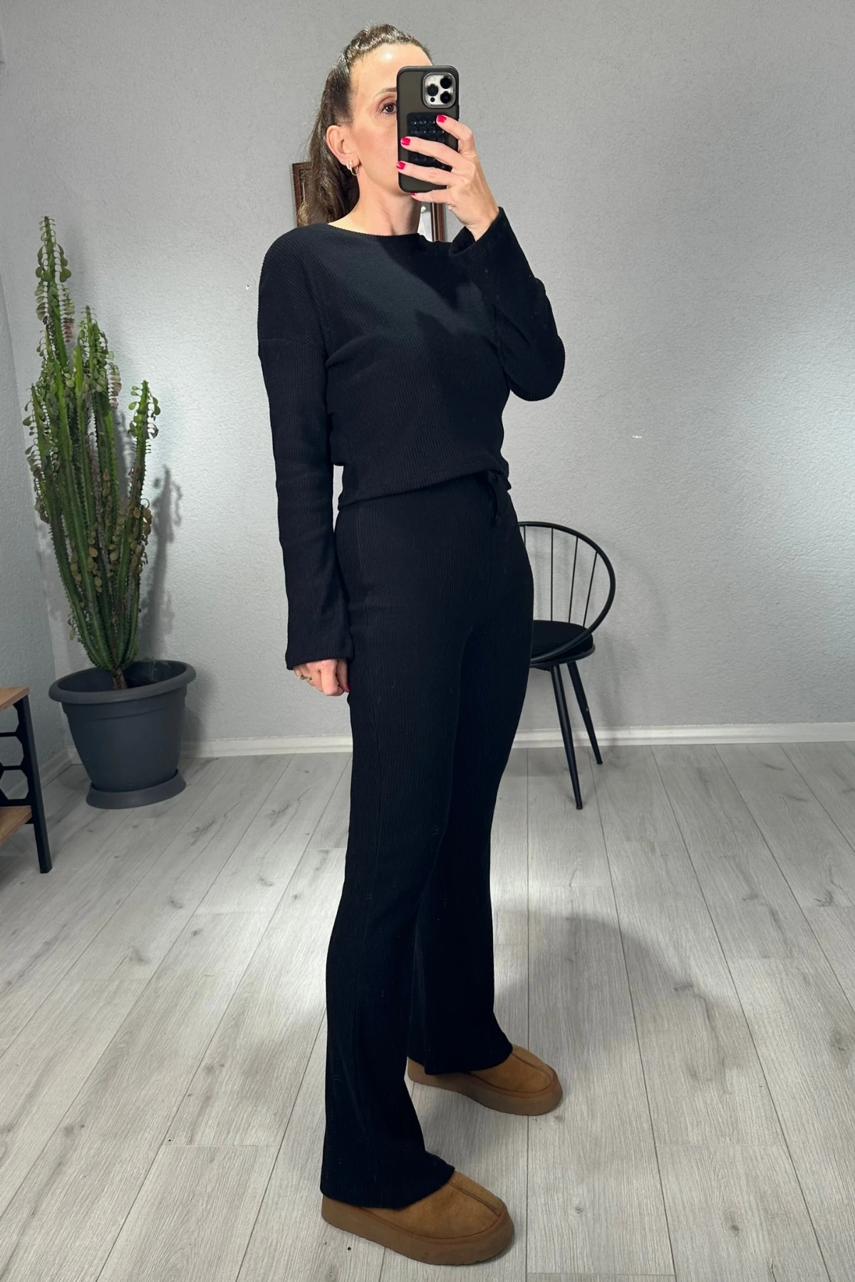 Bisiklet Yaka Crop Bol Paça Pantolon Takım