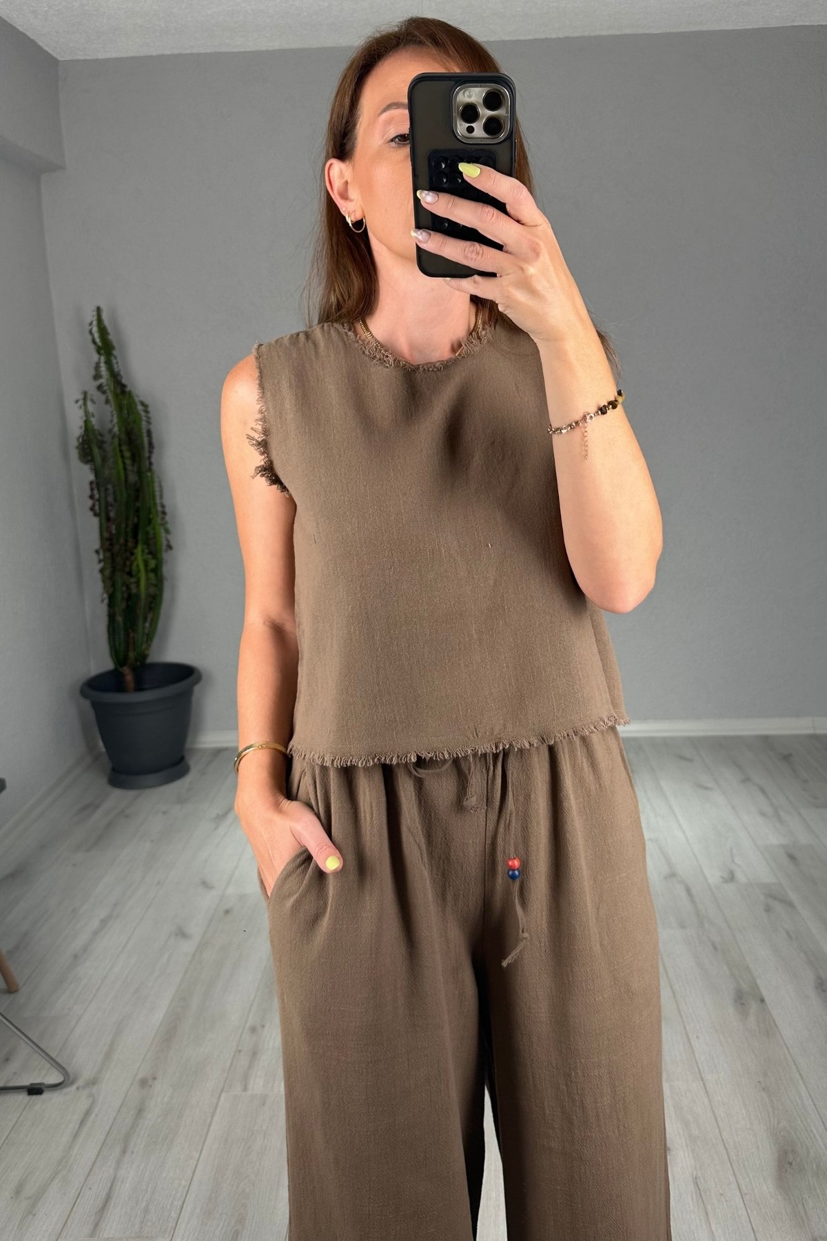 Keten Pantolon Bluz Takım 