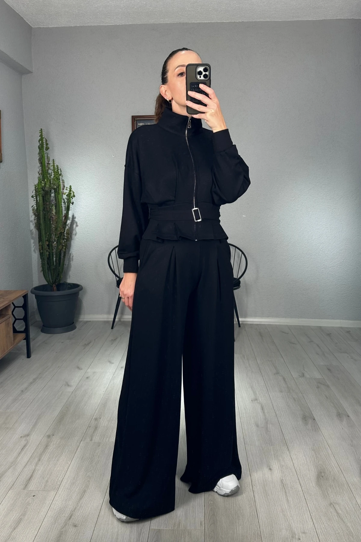 Modal Kemerli Ceketli Pantolon Takım  - Siyah