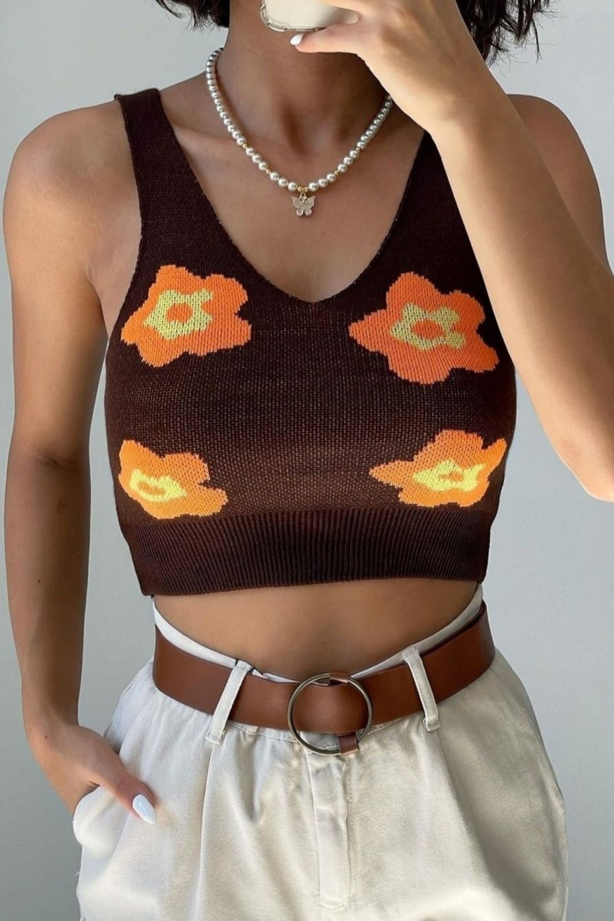 Kadın Çiçek Desenli Kahverengi Hırka Crop Triko Takım