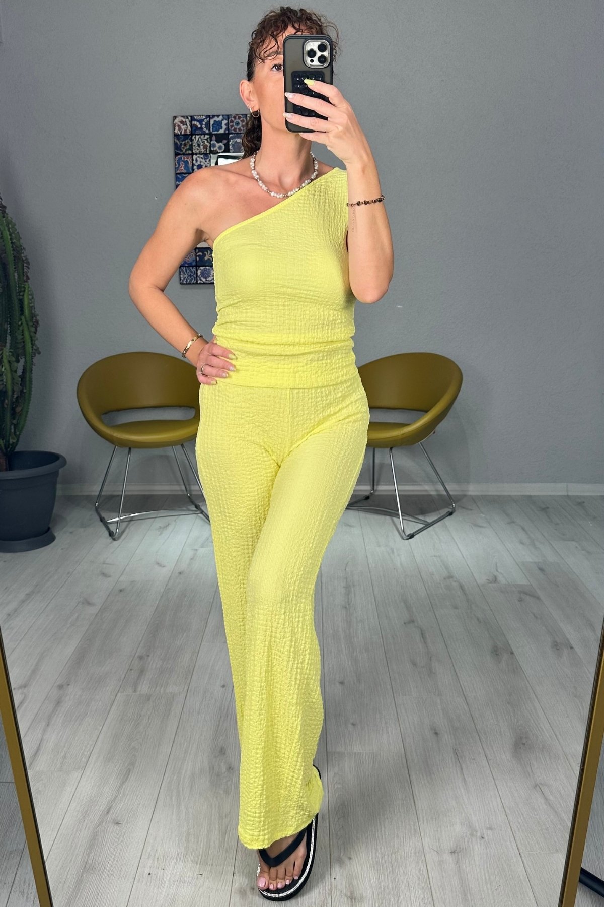 Tek Omuz Bluz Pantolon Takım  - sarı