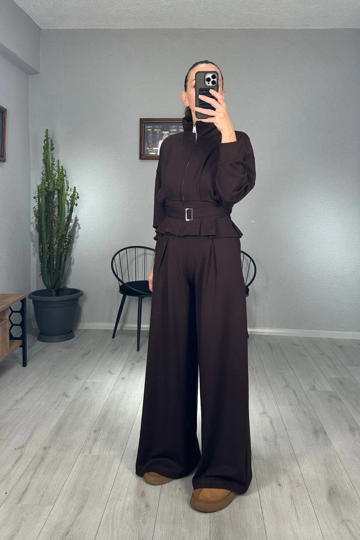 Modal Kemerli Ceketli Pantolon Takım  - kahverengi