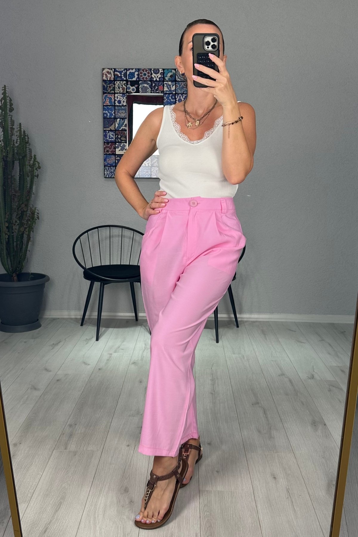 Modal Kumaş Arka Cepli Balon Pantolon - pembe
