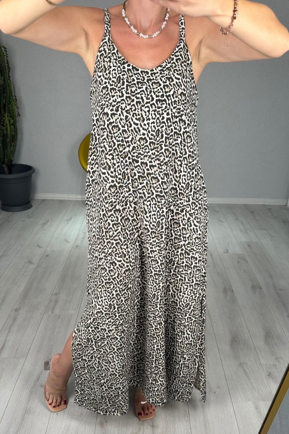 Leopar Desen Uzun Keten Elbise 