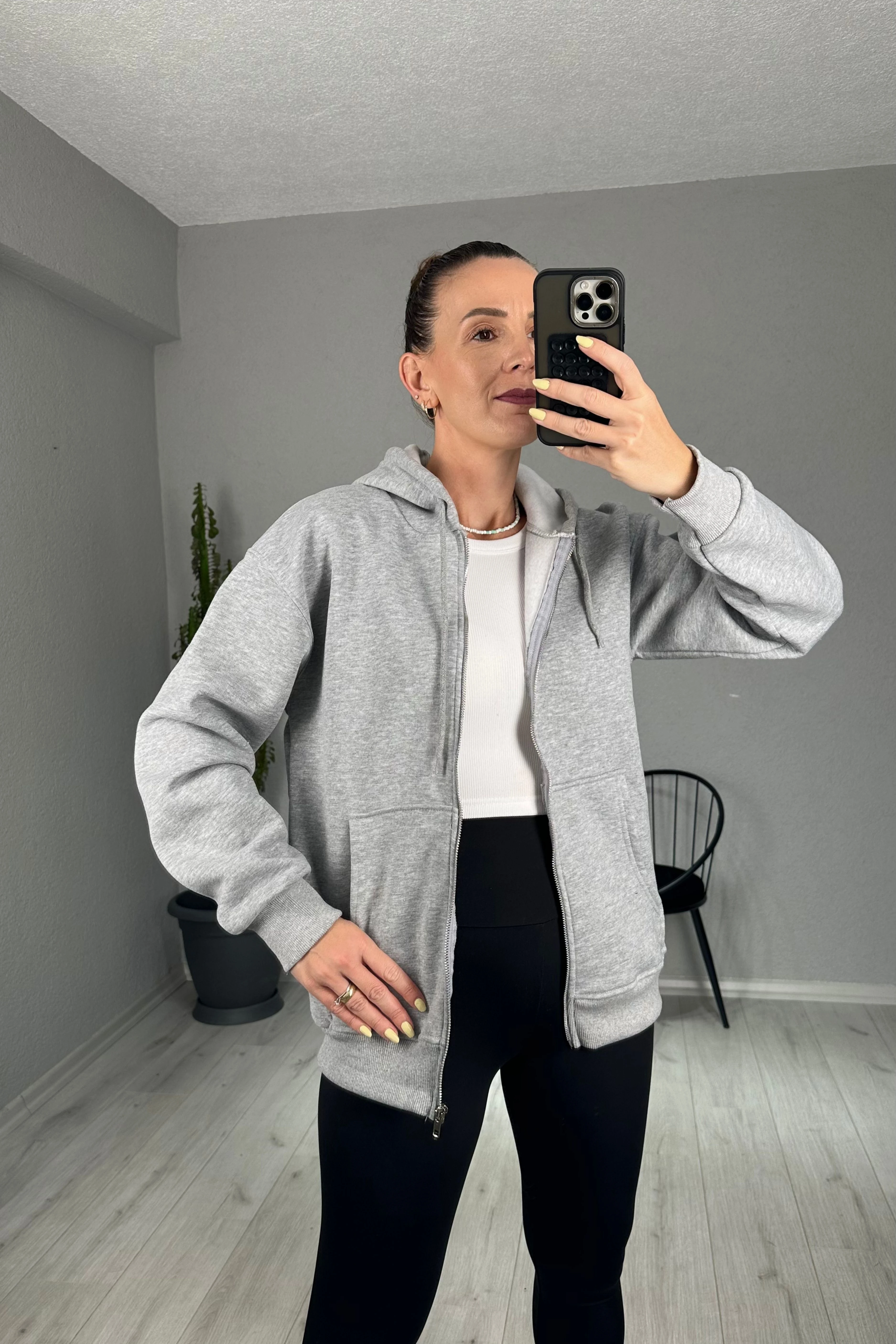 Oversize Şardonlu Kapşonlu ve Önden Fermuarlı Sweatshirt