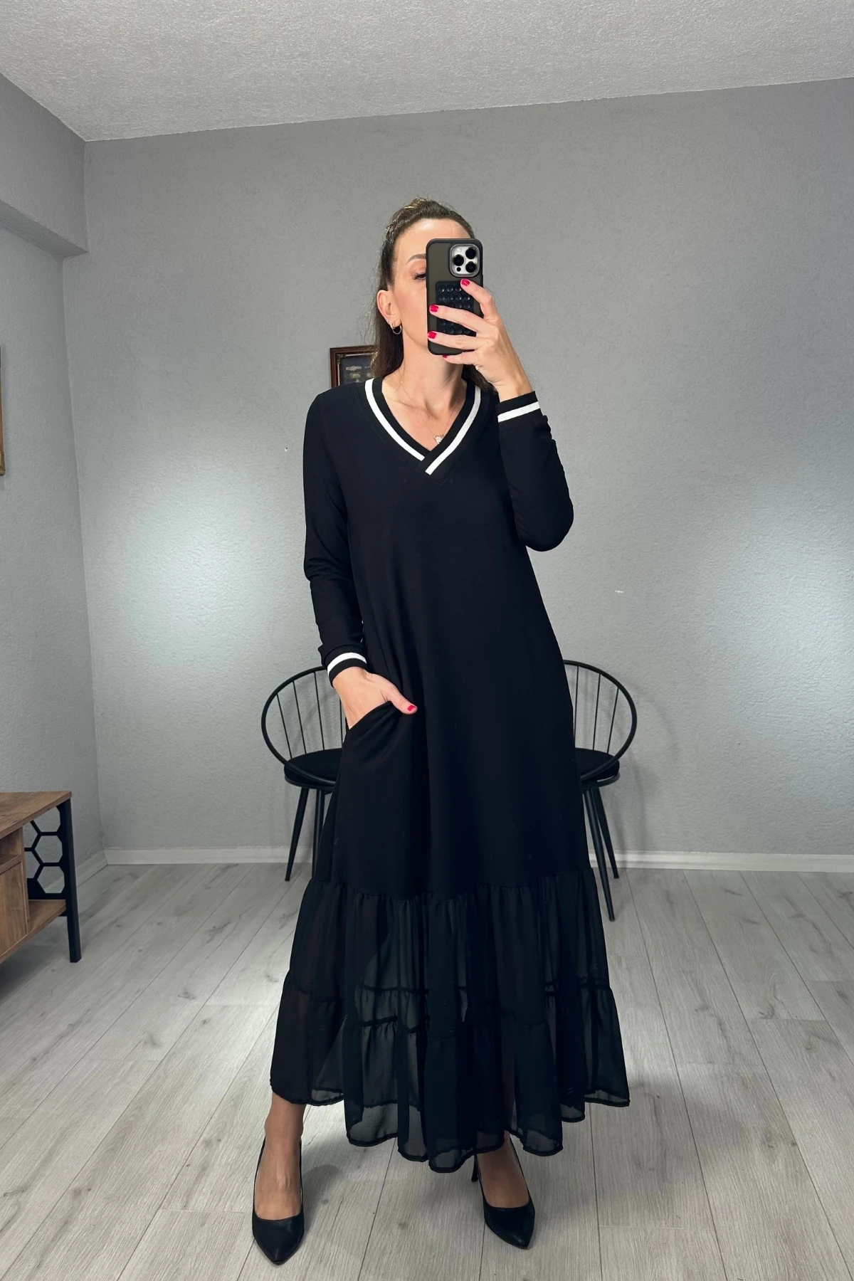 Şifon Detay Ribanalı Elbise - Siyah