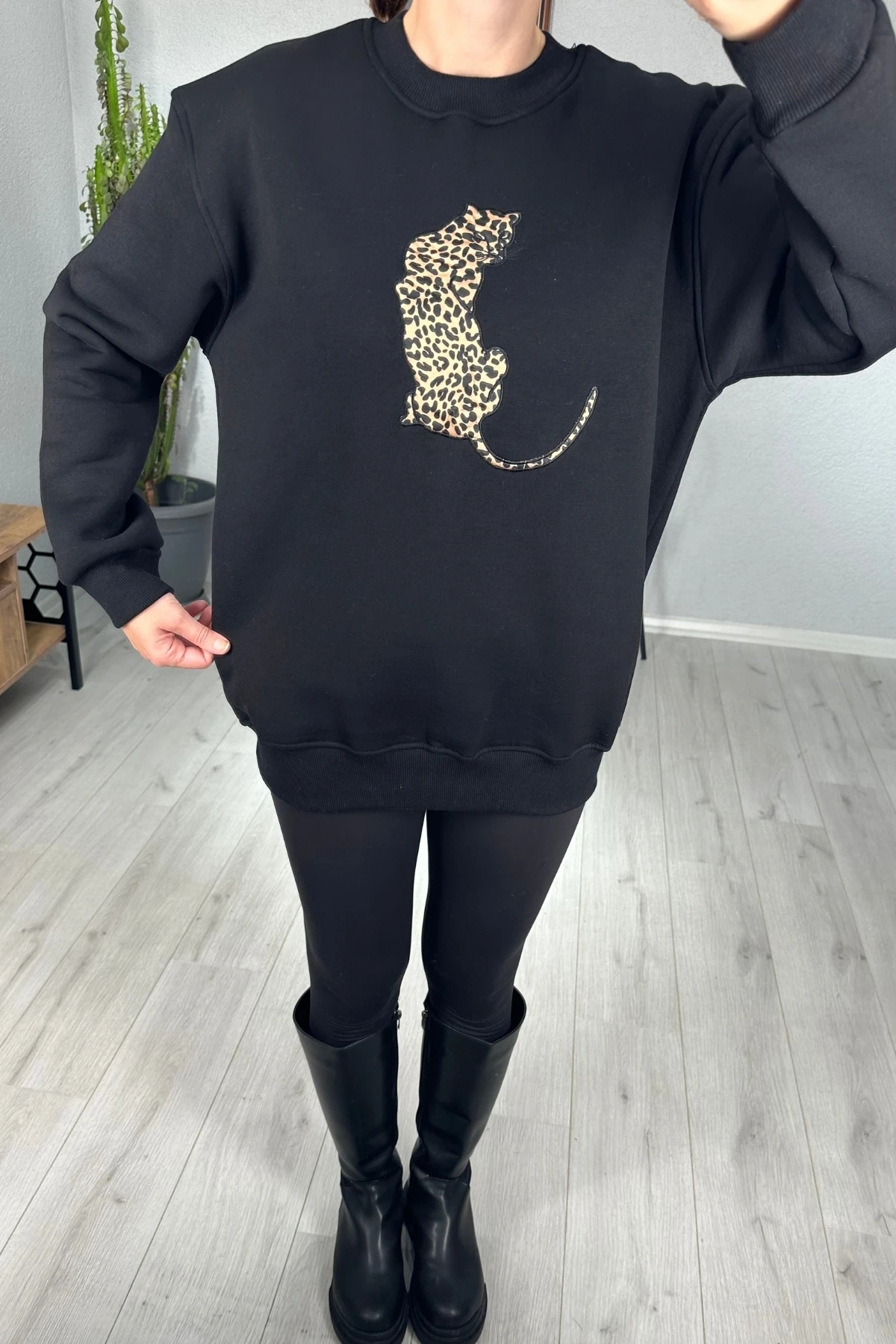 İçi Şardonlu Leopar Baskılı Sweatshirt