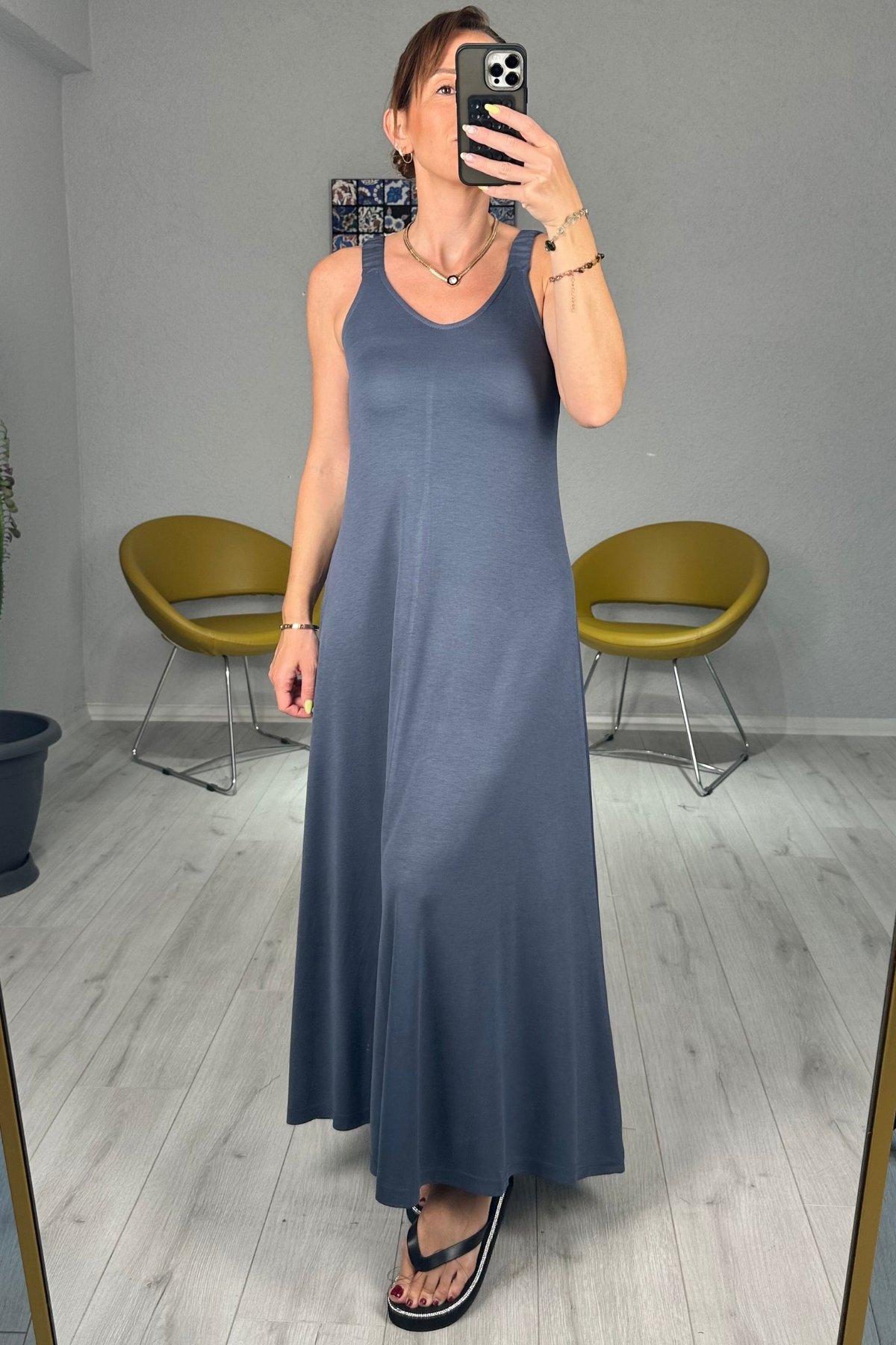 Modal Kumaş Lastik Askılı Elbise - indigo