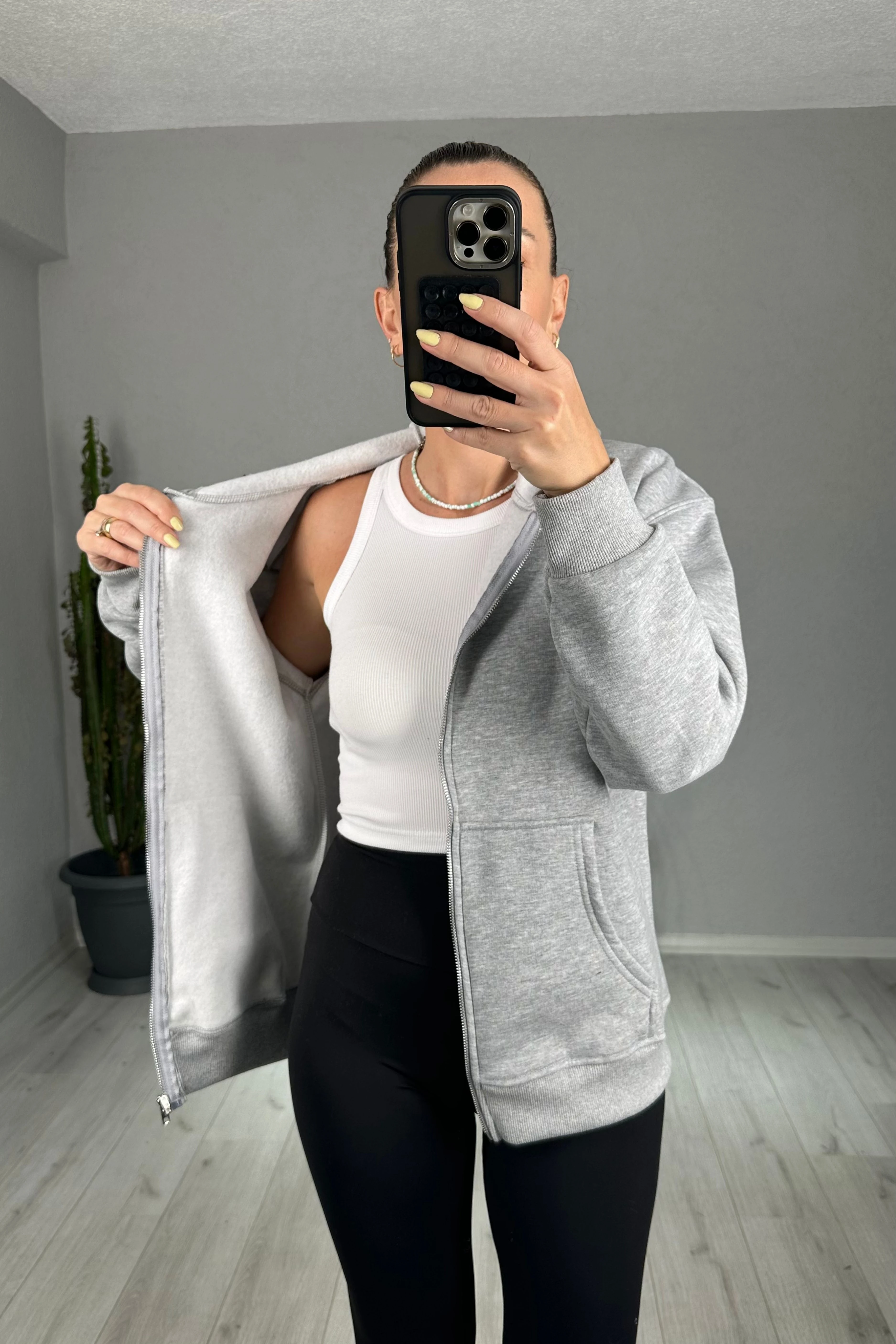 Oversize Şardonlu Kapşonlu ve Önden Fermuarlı Sweatshirt