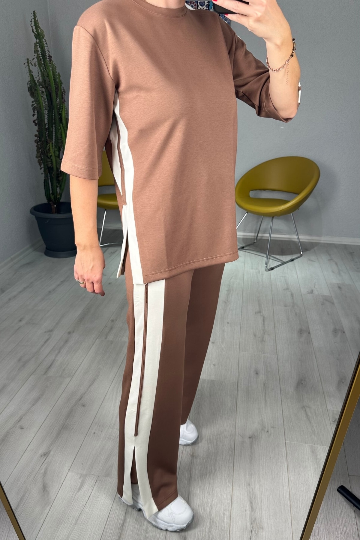 Modal Yanları Şeritli Tişört Pantolon Takım