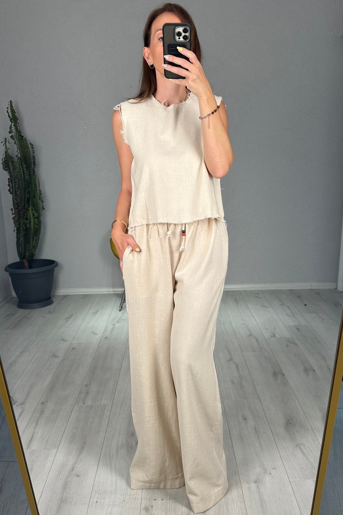 Keten Pantolon Bluz Takım  - taş