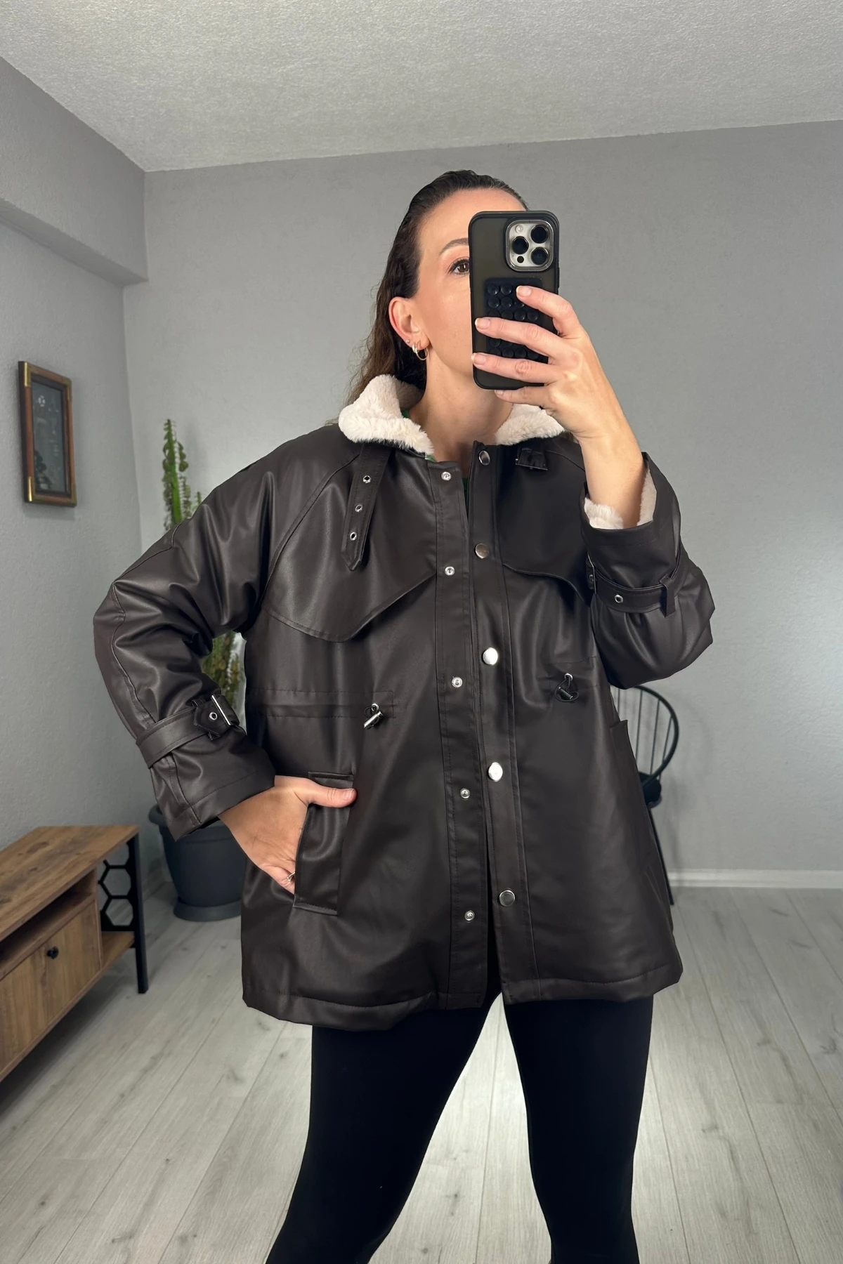 İçi Kürklü Deri Ceket  - kahverengi