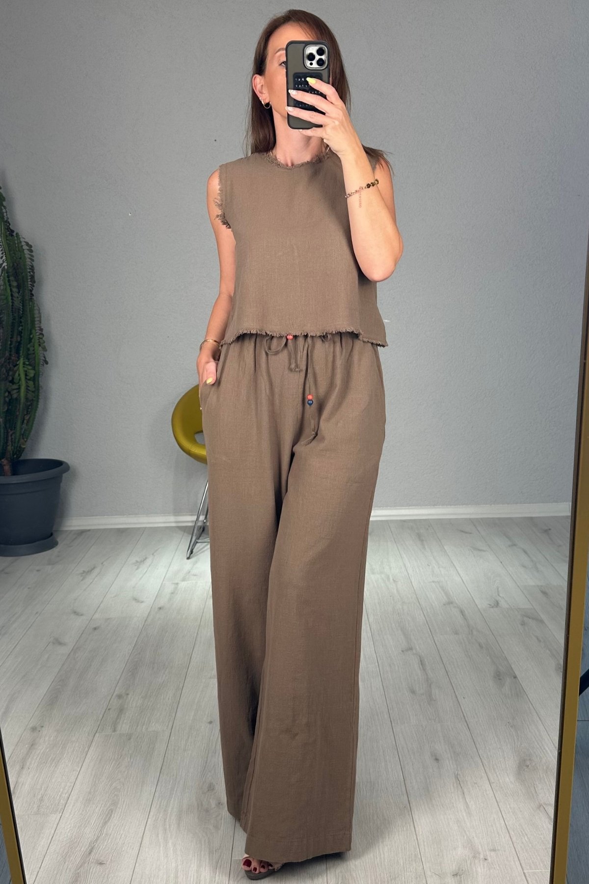 Keten Pantolon Bluz Takım 